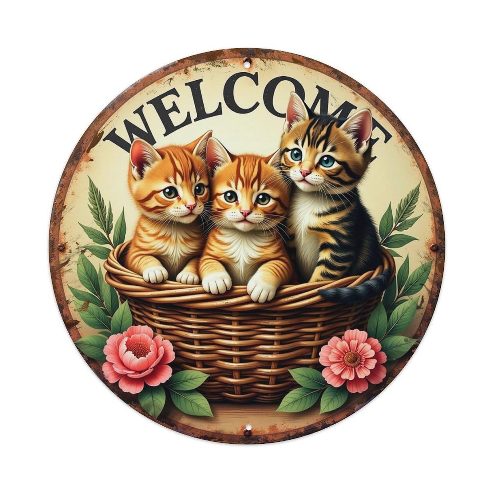 Welcome Kittens Basket Flowers Leaves Vintage Round Tin Sign Retro Metal Wall Decor Metal Poster, Home Bar Garage Cafe Wall Art Decoration 8x8Inches