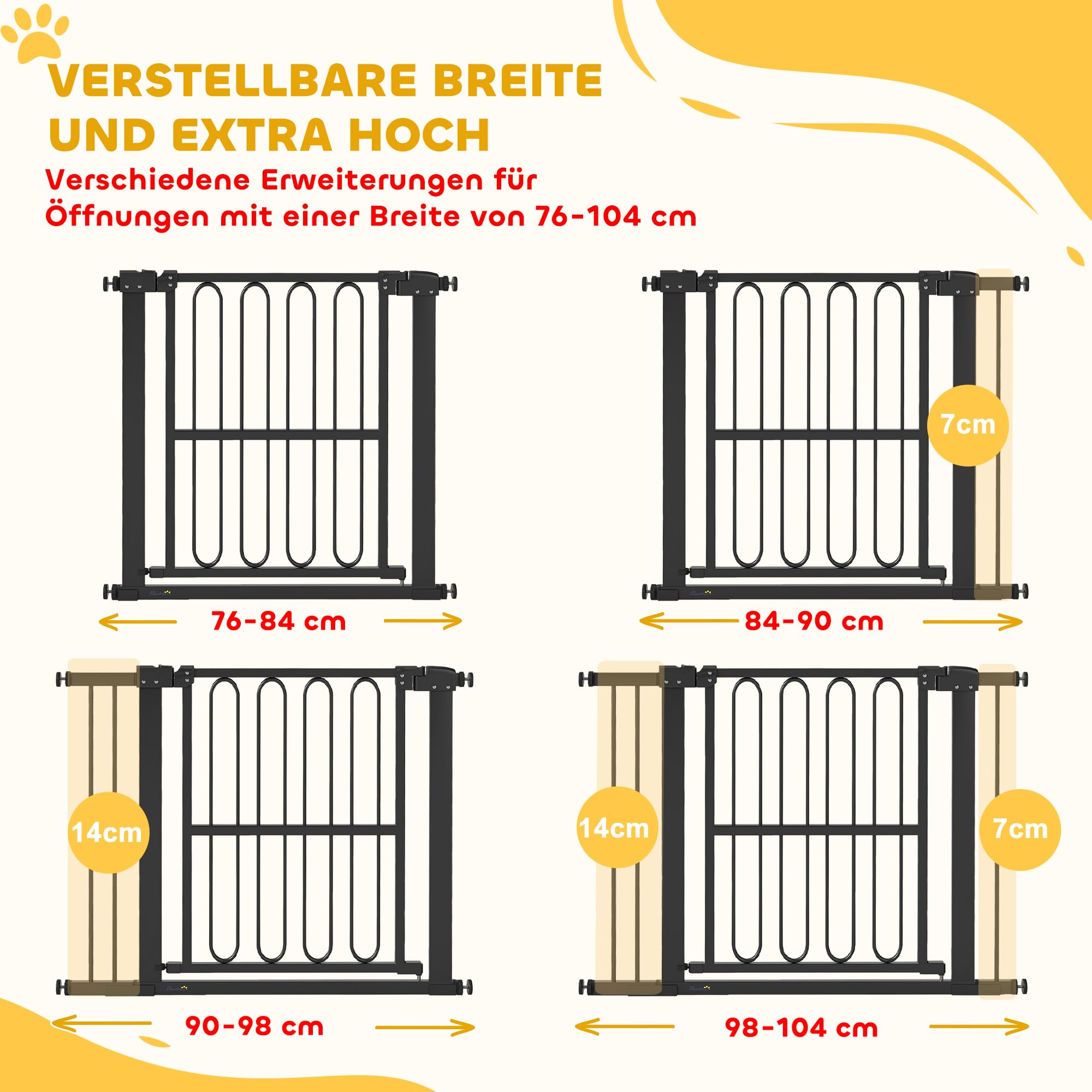 PawHut barrière d'escalier barrière de sécurité de Porte sans perçage 76-104 cm de sécurité en Acier pour Chiens, Animaux domestiques escaliers, Porte, Noir