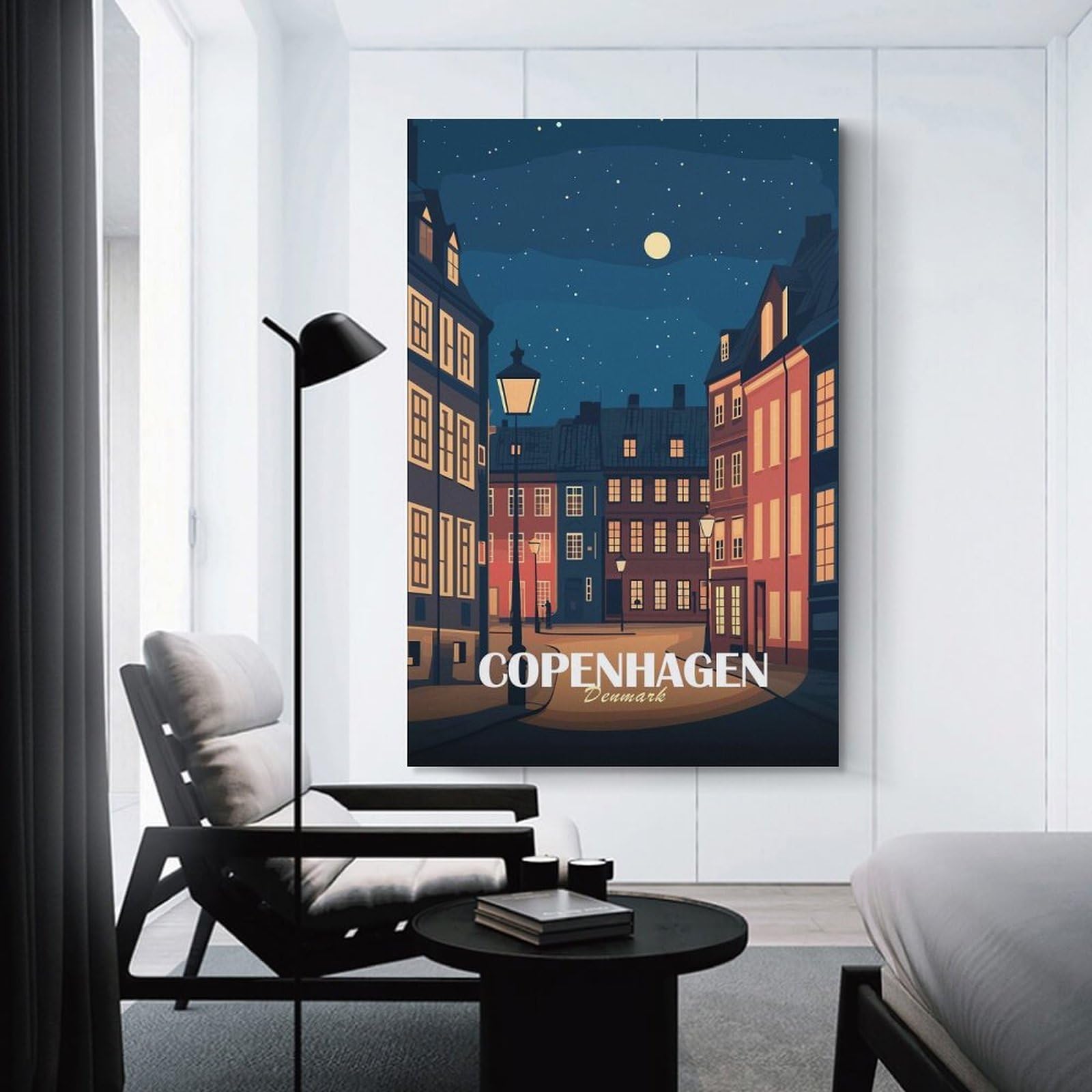 Junmoney Wall Decor Canvas Print Copenhagen Denmark Night Cityscape Illustration, 20x30inch(50x75cm), for Study, Office Or Focused Interiors, Wall Art That Adds Style to Work Areas