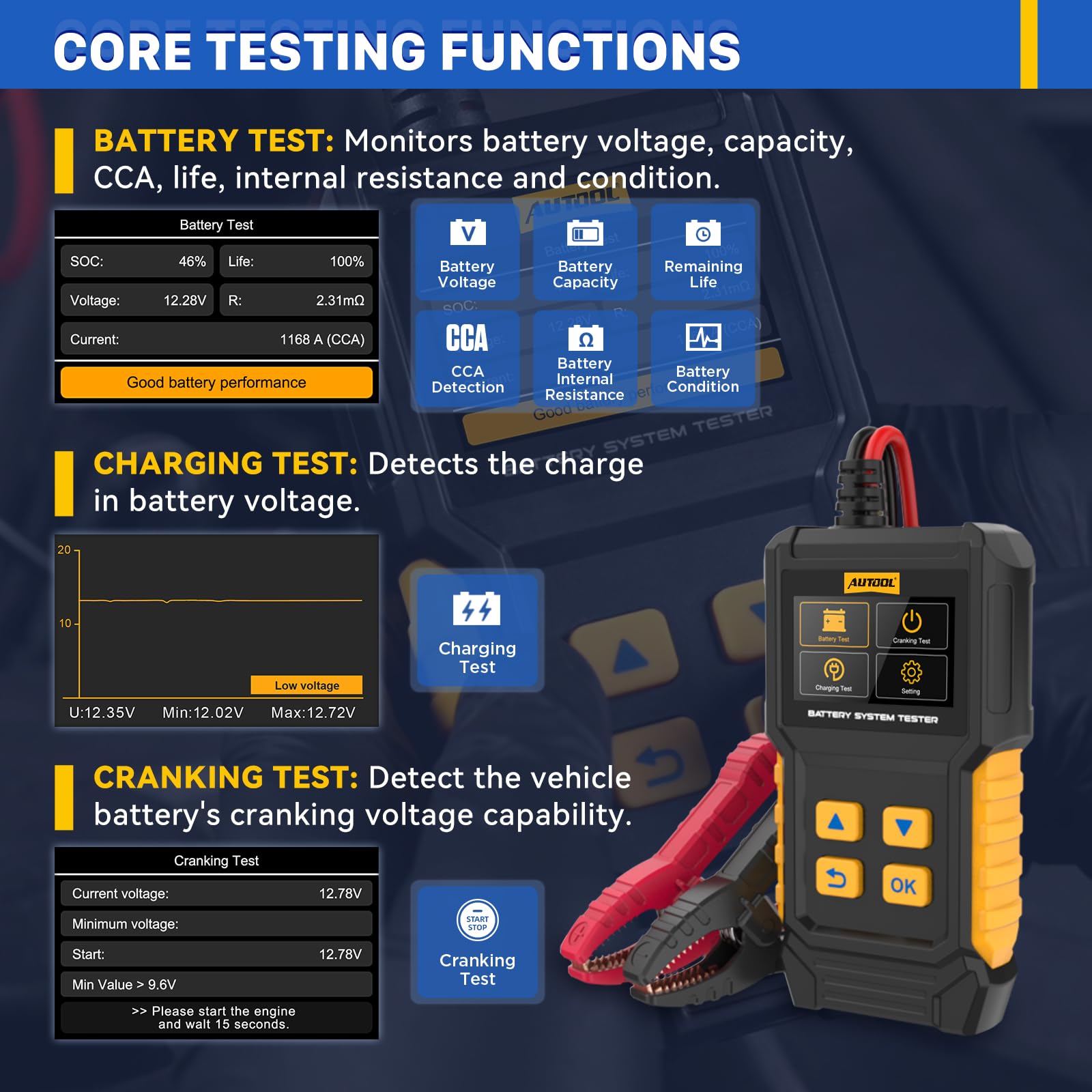 AUTOOL Tester akumulatora samochodowego 12 V, 24 V, tester generatora, 30-2000 CCA BT360, tester akumulatora samochodowego, rozrusznika do samochodu, motocykla, łodzi