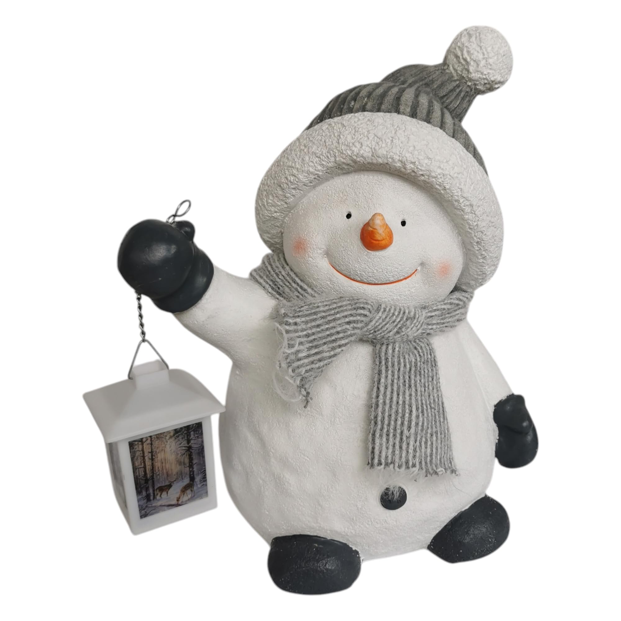 Schneemann Figur 37cm mit LED Laterne Weihnachtsdeko grau Weihnachten Advent Winter Deko groß