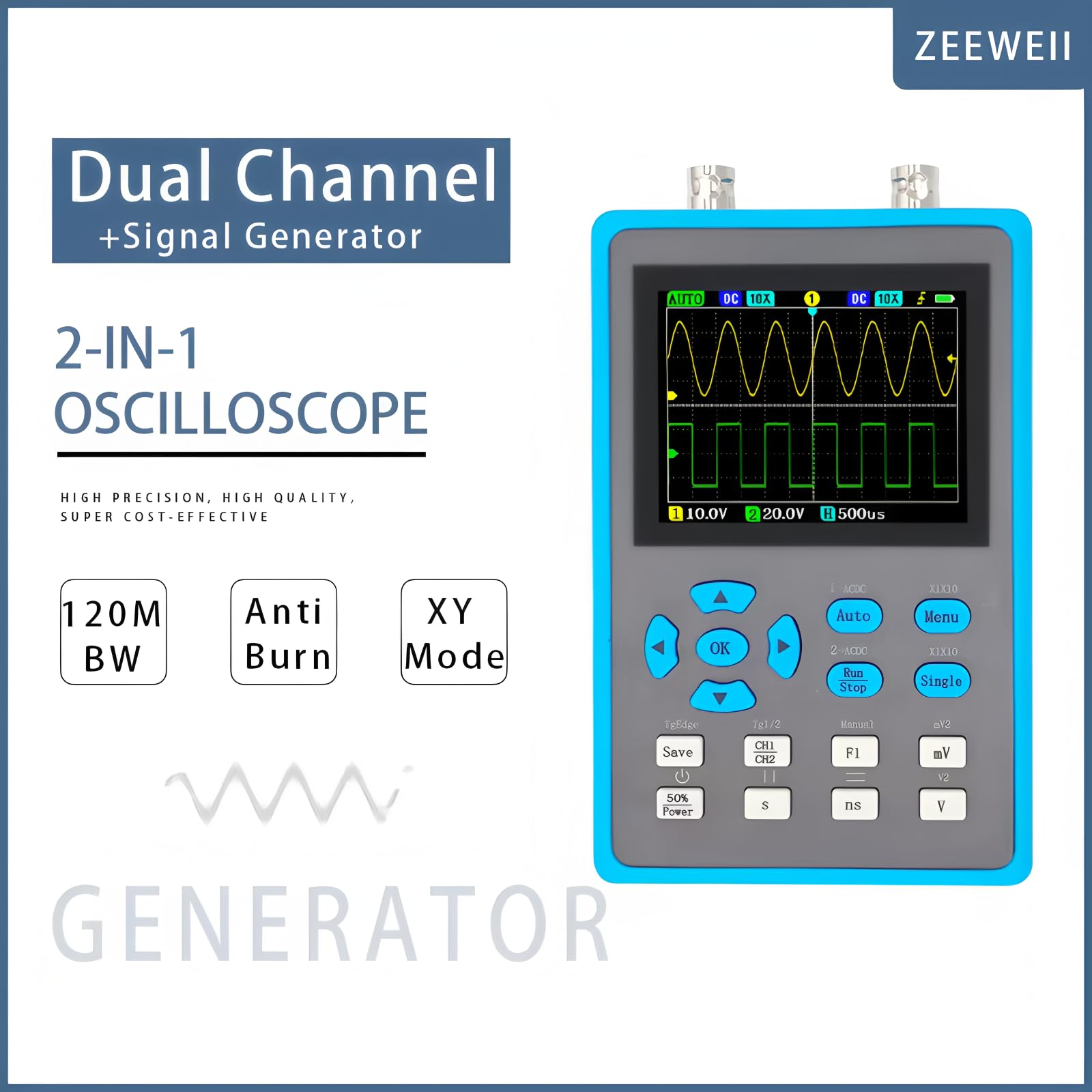 Oscilloscopio digitale portatile ZEEWEII DSO2512G da 2,8 pollici, larghezza di banda 120MHz, oscilloscopio a due canali, generatore di segnali Xymode (DSO2512G)