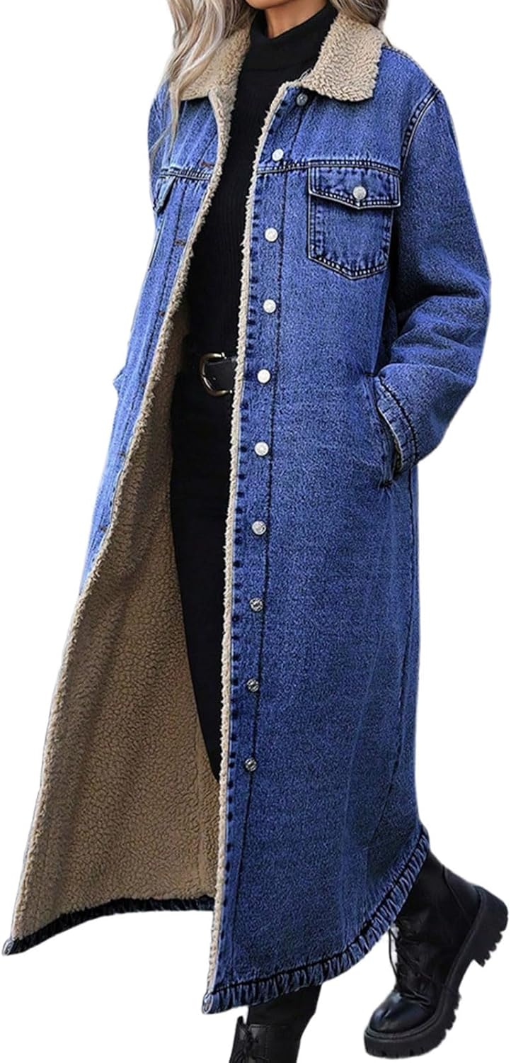 Ru Sweet Women's Winter Long Sherpa Fleece Lined Denim Jacket Trench Coat Casual Distressed Button Down Jean Overcoat