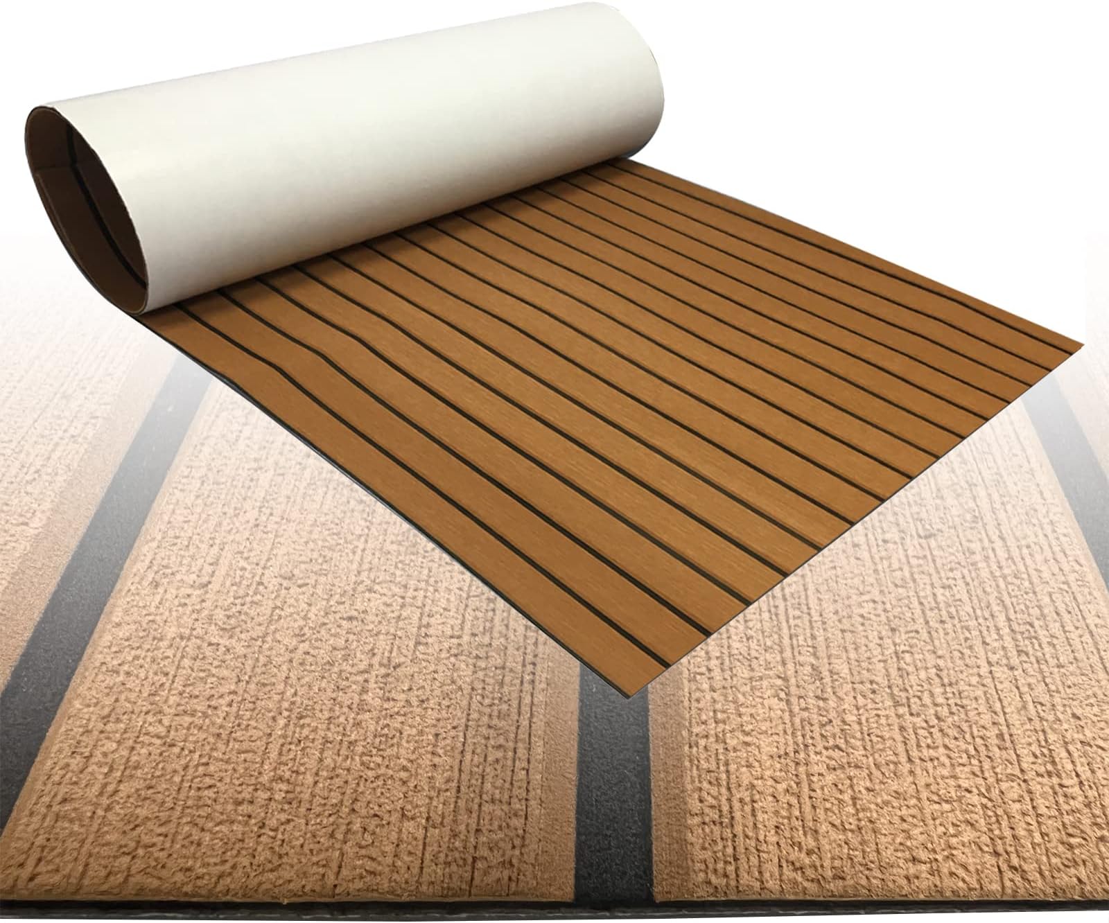 Boat Flooring Mat EVA Foam Faux Teak Sea Decking Marine Carpet Boat Decking Mat Non-Slip Self-Adhesive Flooring Material for Boats 94x35 inch