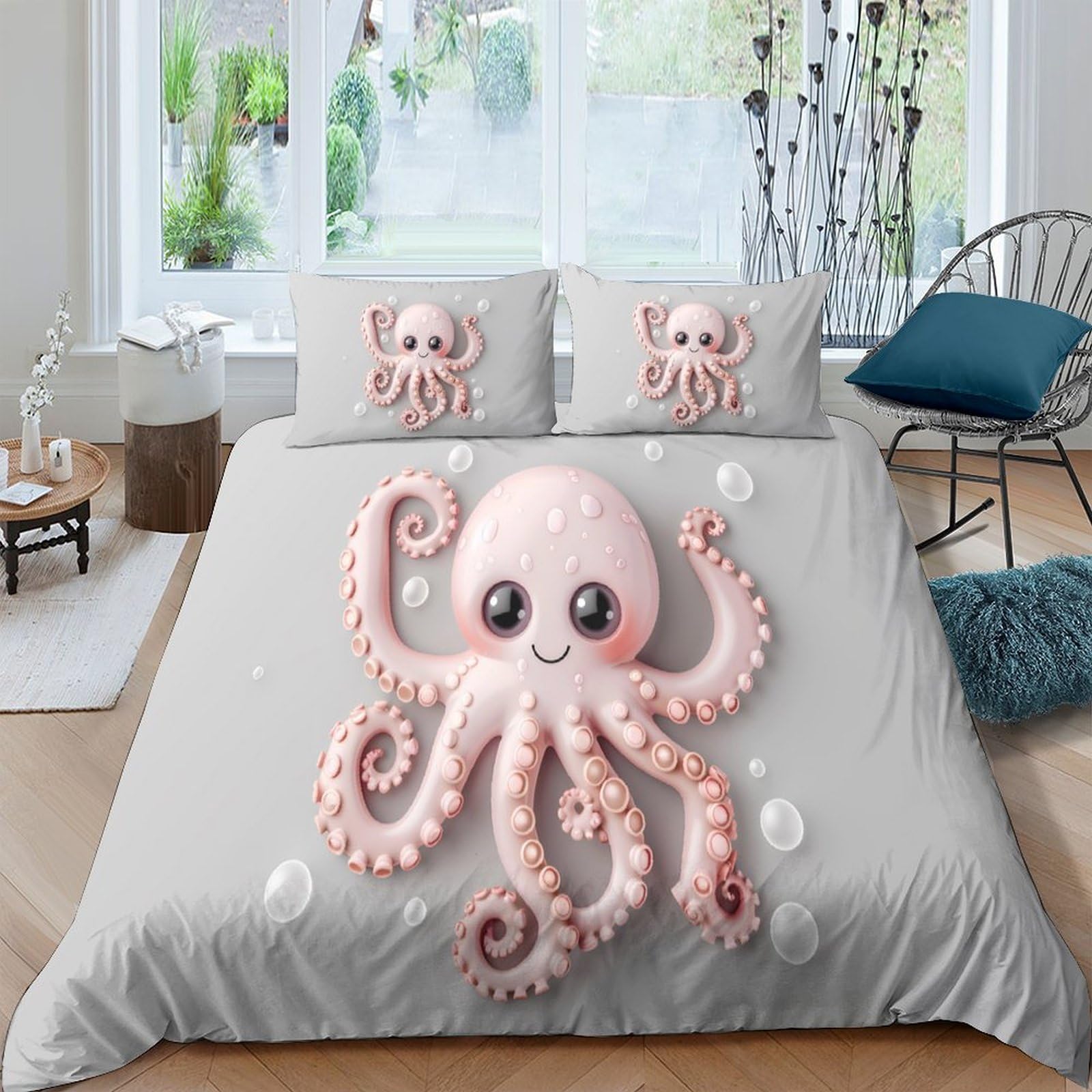 Ctjqhvkz Style-1 3D Printed Cute Pink Octopus Fitted Sheet Microfiber Soft Anti-Slip Cartoon Sea Animal Bed Cover For Bedroom Dorm Decor Single（135X200cm）