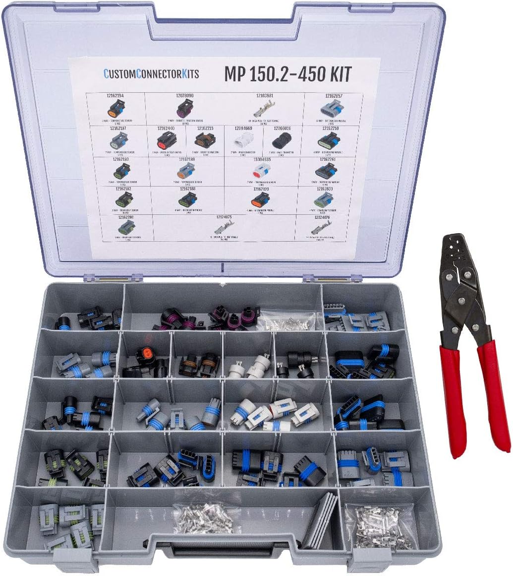 Metri-Pack 150.2 Connector Kit MP-150.2-450 with T-10: Sealed Pull to Seat Connectors for Automotive Sensors 22-16 Gauge 450 Piece Kit with Crimp Tool