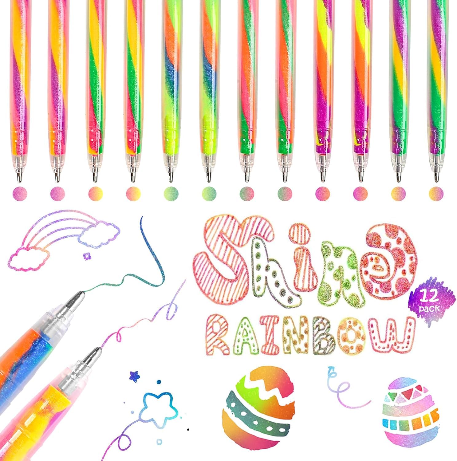 maritcan Party Bag Fillers for Kids, 12 Pieces Rainbow Glitter Pens, Easter Gifts for Kids, Arts and Crafts, Colouring Pens, Art Supplies Drawing Coloured Pens, Gifts for 6 7 8 9 10 11 Year Old Girls