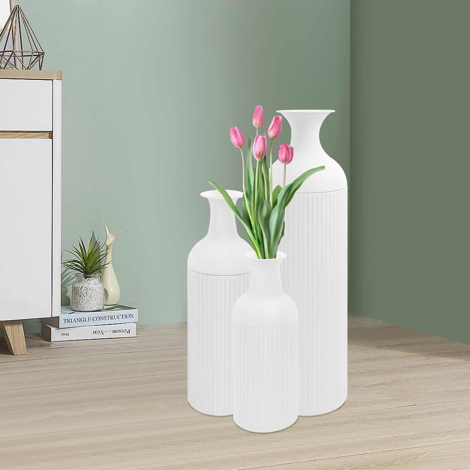 3er Set Bodenvase Groß Vasen, Metal Boden Tischplatte Blumenvasen, Moderne Deko für Wohnzimmer, Tisch, Regal, Kaminsims, Eingangs zum Pampasgras & Trockenblumen (Groß+Medium+Klein, Weiß)