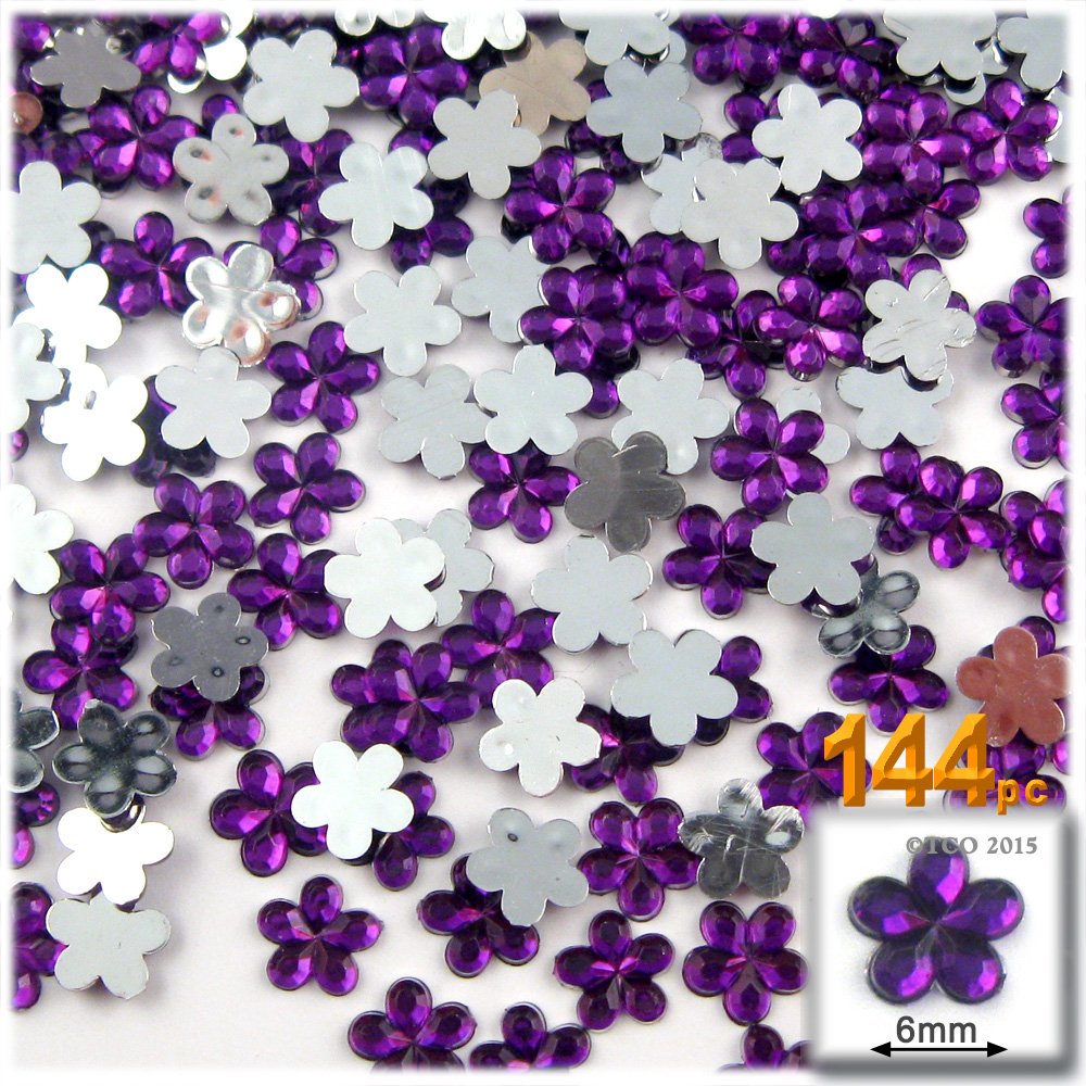 144pc Acrylic Aluminum foil Flat Back Flower Rhinestones 6mm Purple (Amethyst)