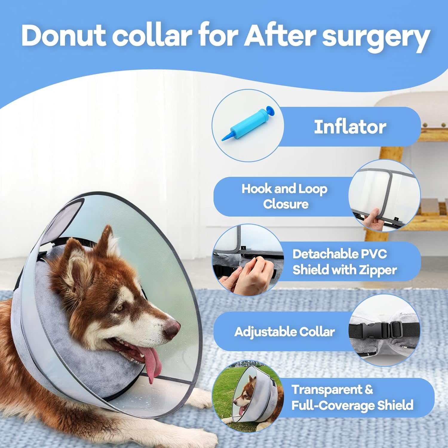 Upgraded Inflatable Dog Cone Collar with Transparent Anti-Licking Shield, Adjustable Elizabethan Collar for Medium Large Dogs, 2-in-1 Design with Detachable Shield