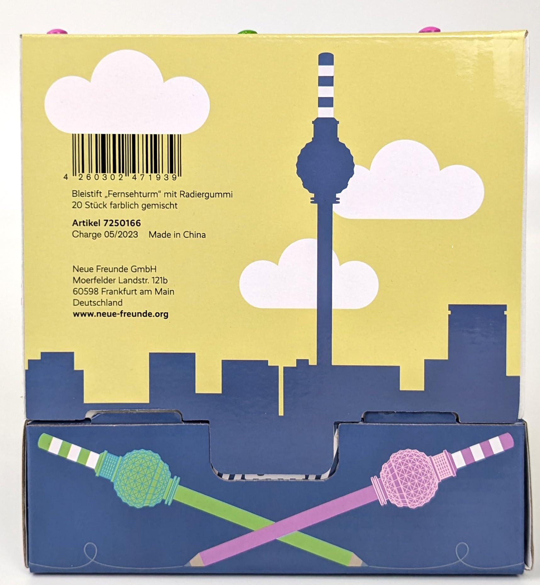 NEUE FREUNDE Berlin Bleistift mit Radiergummi - 20 Stück - Souvenir Fernsehturm Alexanderplatz - Display mit 20 Stück - HB Bleistift mit Radierer