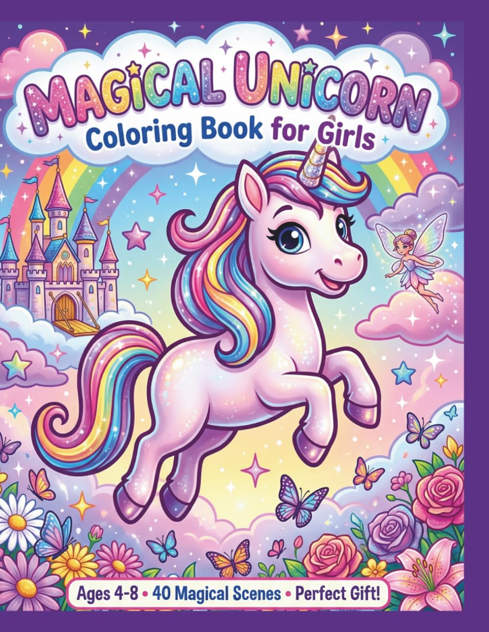 Magical Unicorn Coloring Book for Girls: 40 Cute and Enchanting Scenes with Unicorns, Rainbows and Castles for Kids Ages 4-8 Perfect Gift for Girls