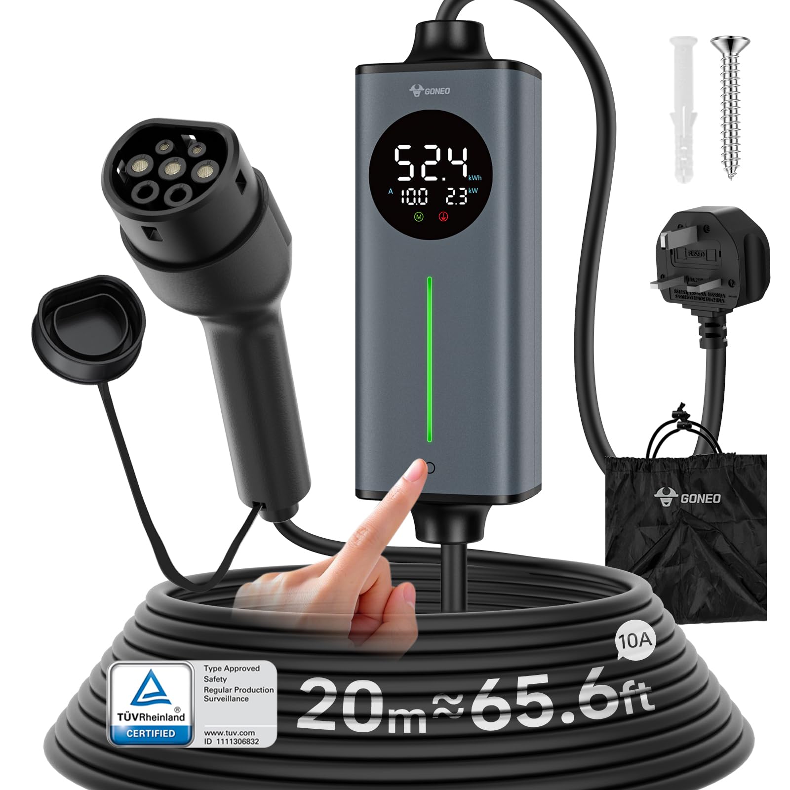 GONEO Portable EV Charger 5M, 3-Pin UK Plug to Type 2 | Temperature Monitor,AC 30mA+DC 6mA Leakage & Earth Protection | 10A 2.3kW Electric Car Charging Cable for Home/Travel,Adjustable Current & Timer — view 13