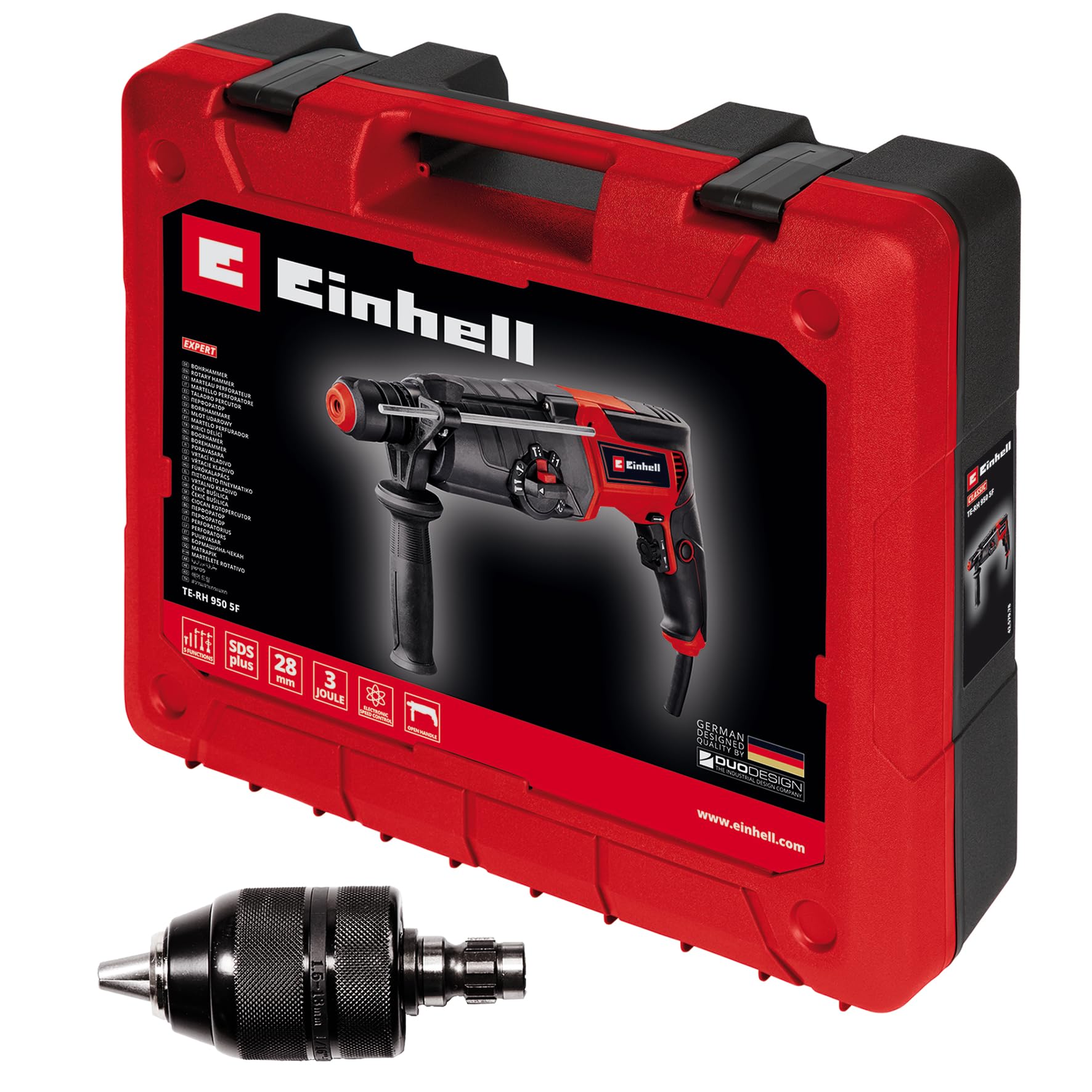 Einhell Martello perforatore TE-RH 950 5F (950 W, trasmissione a 2 marce, forza d'urto 3J, attacco SDS-plus, potenza di foratura calcestruzzo 28 mm, arresto della profondità di foratura, consegna in