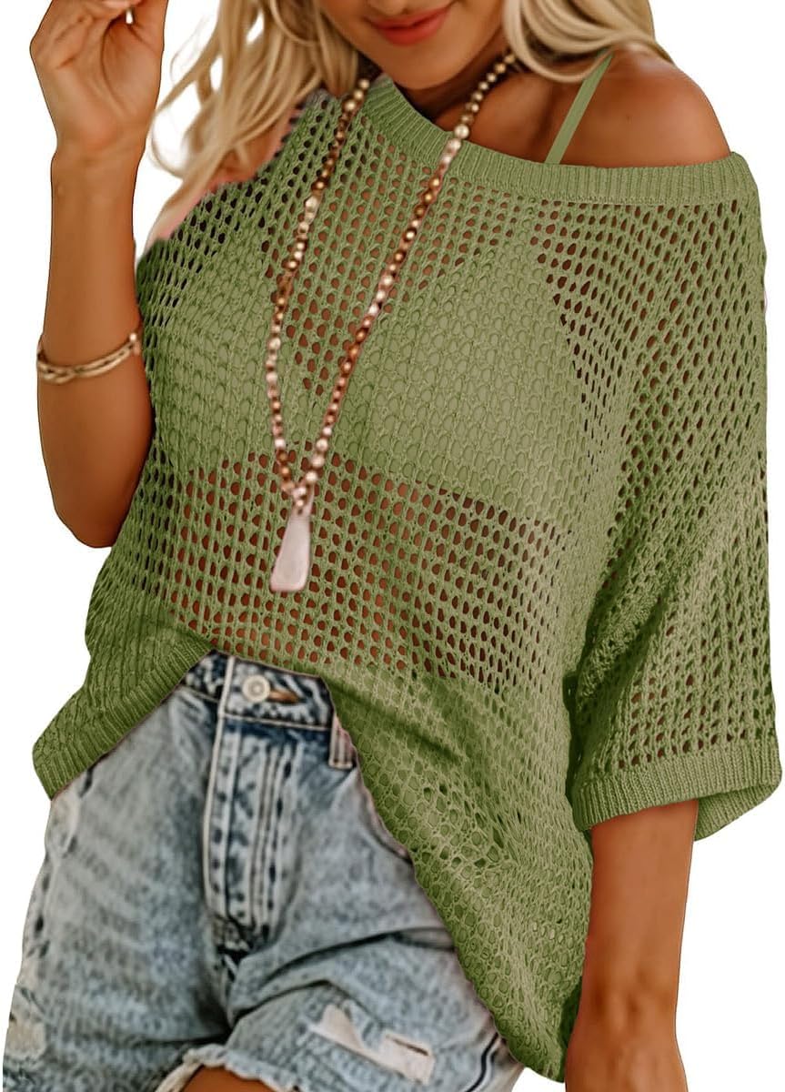 RITERA Plus Size Women Crochet Cover Up Summer Scoop Neck Swimwear Hollow Out Sweater Tops Vacation Beach Shirts XL-5XL