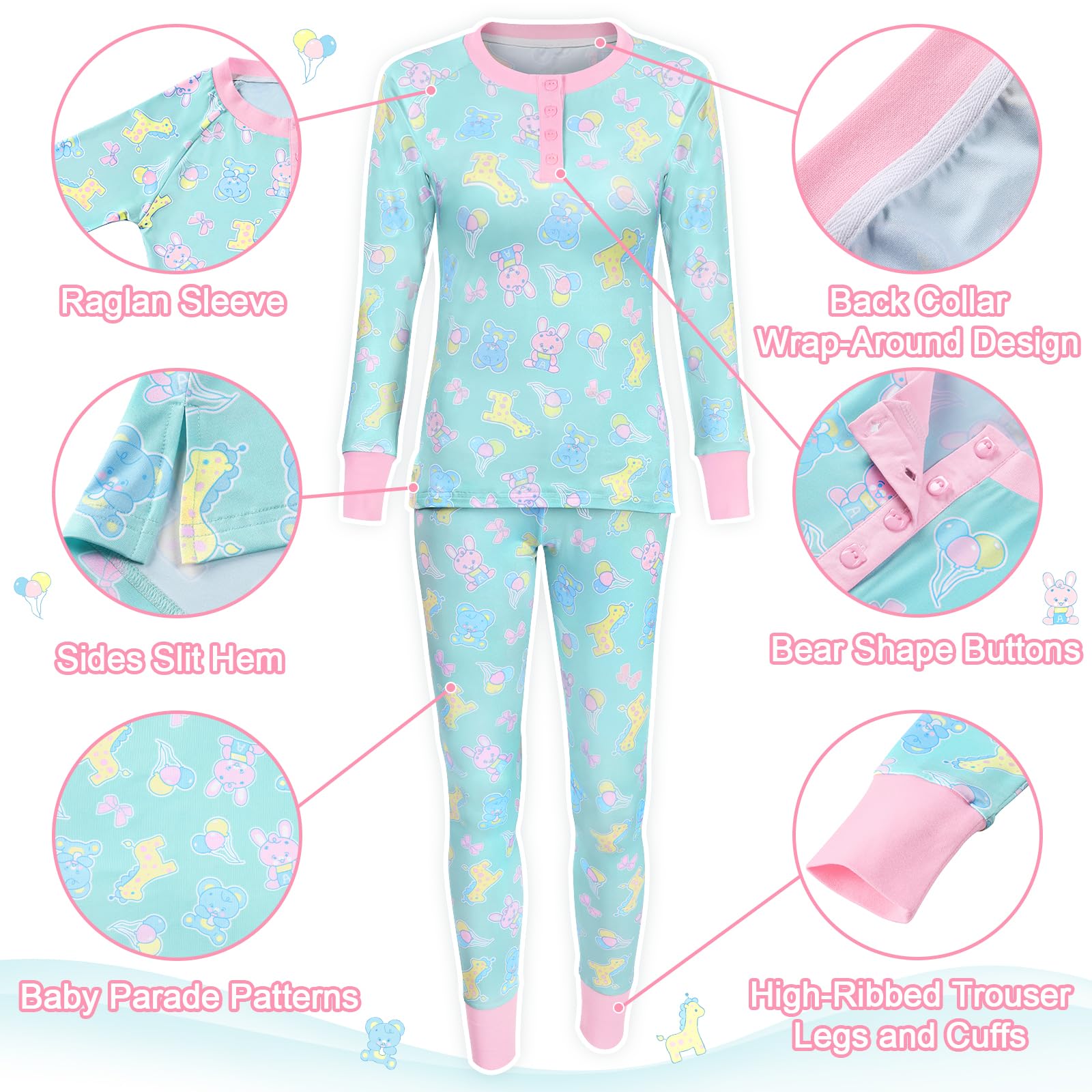 LittleForBig Dos Piezas Set de Pijama de Manga Larga para Mujer - Sedoso Suave, Cómodo Elástico y Transpirable Baby Parade Temática Ropa de Dormir