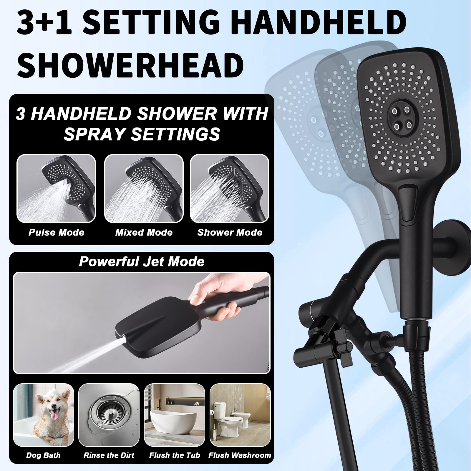 Cabezales de ducha de lluvia de 12 pulgadas con combo de rociador de mano, combo de cabezal de ducha doble de alta presión con rociador de mano de 3+1 ajustes, incluye desviador de 3 vías, brazo de