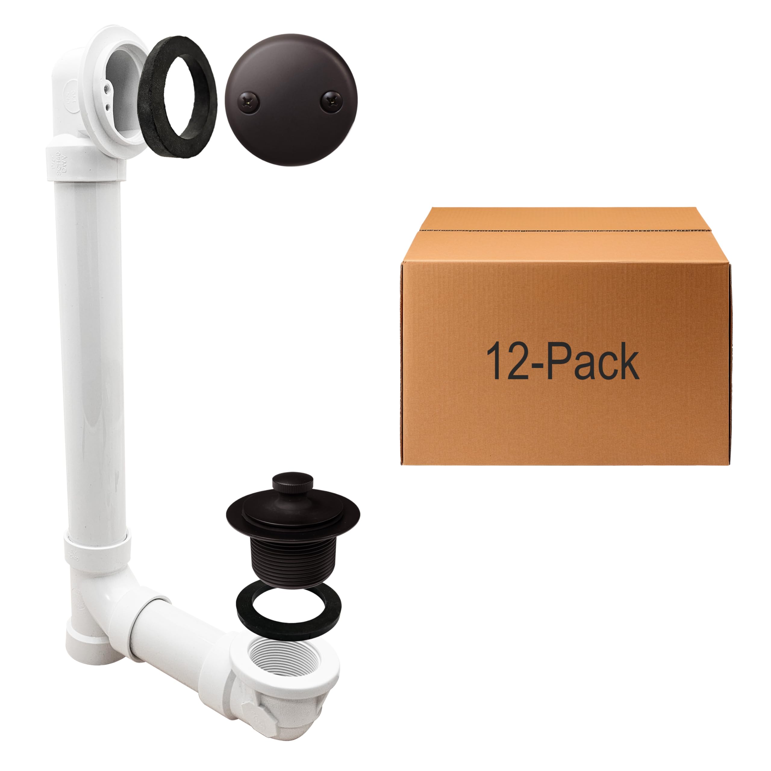 Westbrass D4972-12-12 - Conjunto de desagüe y desbordamiento de baño de 1-1/2 pulgadas con tapón de drenaje y codo superior de placa frontal de dos orificios-SCH. 40 PVC, paquete de 12, bronce
