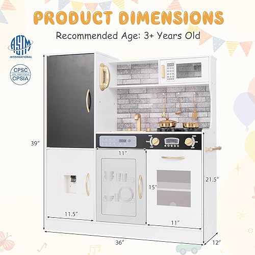 Miniatura 6 de Costzon Juego de cocina para niños, juego de cocina grande de madera con sonidos y luces reales, microondas, pizarra, horno, máquina de hielo