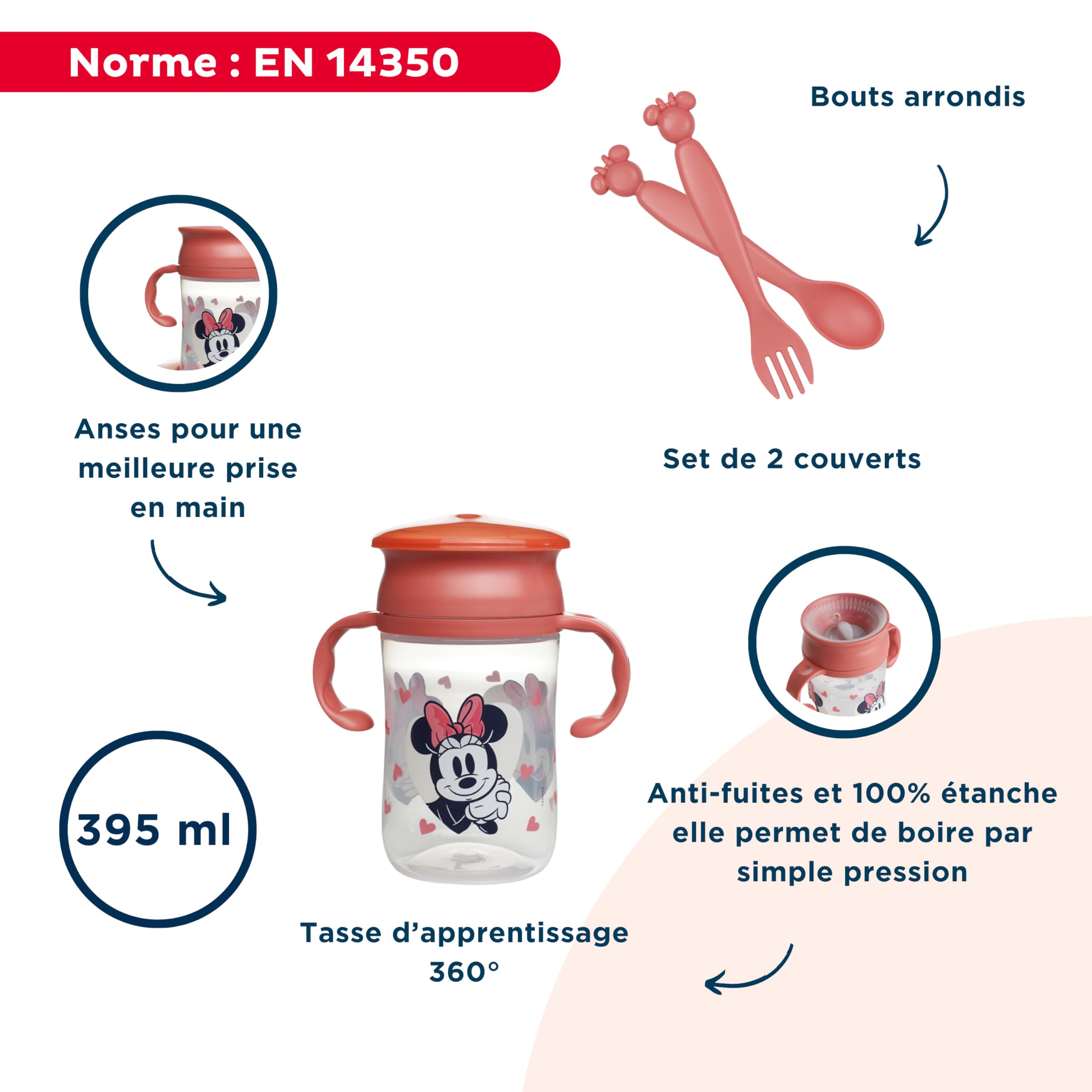 Disney Minnie Kindergeschirr-Set – unterteilter Teller – Schüssel – Löffel – Gabel und Tasse 360° – lustiges und praktisches Design für Babymahlzeiten