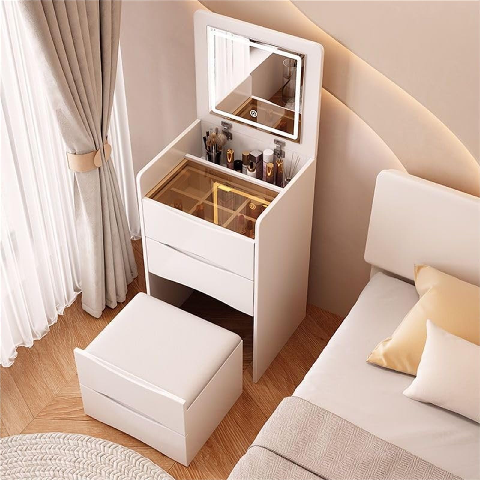 asdchZen White 3-In-1 Corner Vanity Desk Set With Mirror, Soft Stool & 3 Drawers-Stylish Dressing Table For Living Spaces, Durable & Functional Makeup Station,White