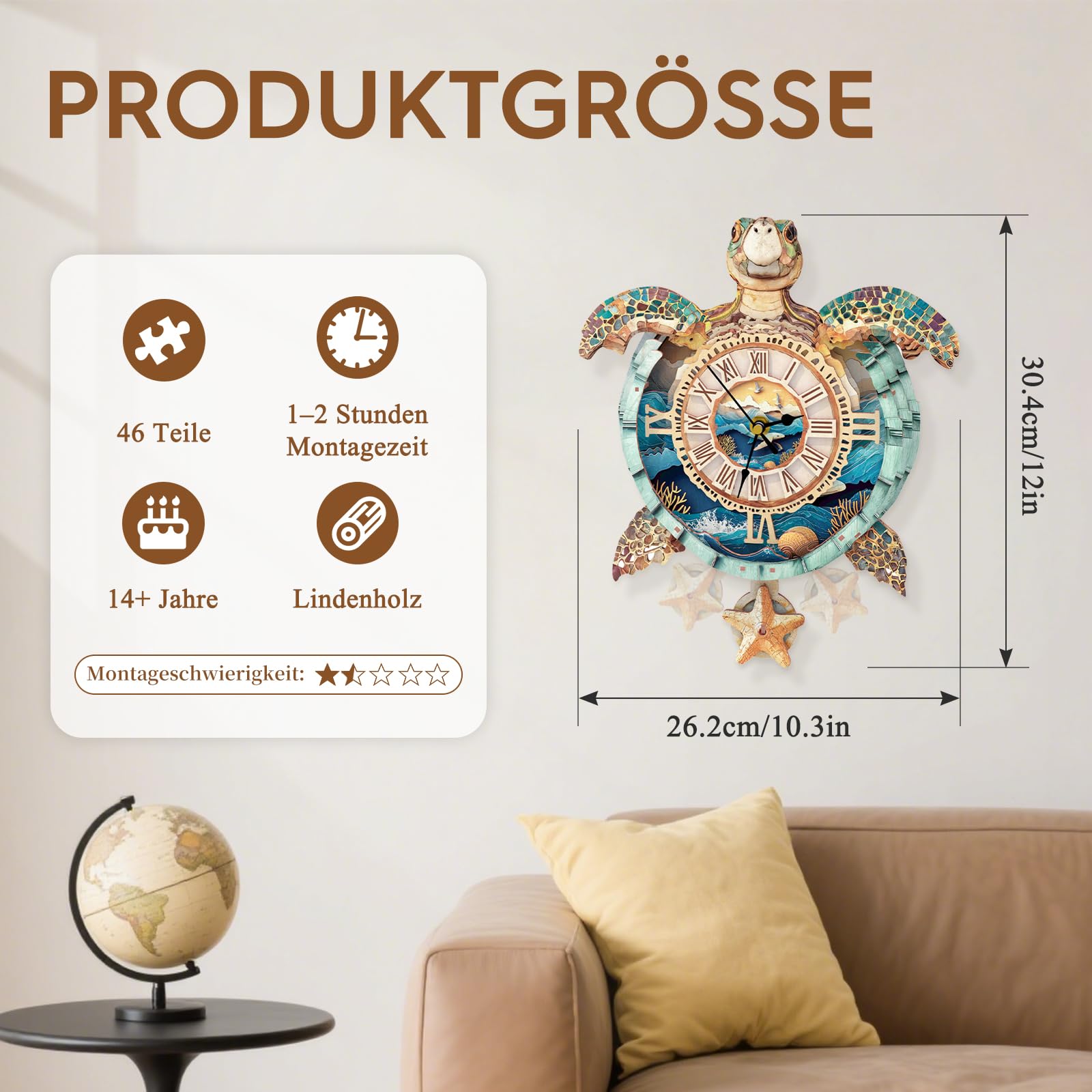 3D Holzpuzzle Erwachsene, Schildkröte Uhr 3D Puzzles Mit funktionaler Uhr (26,2cm*30,4cm), Schreibtisch/Wand Wohndeko, Geschenke für Freunde/Familien Spieleabend