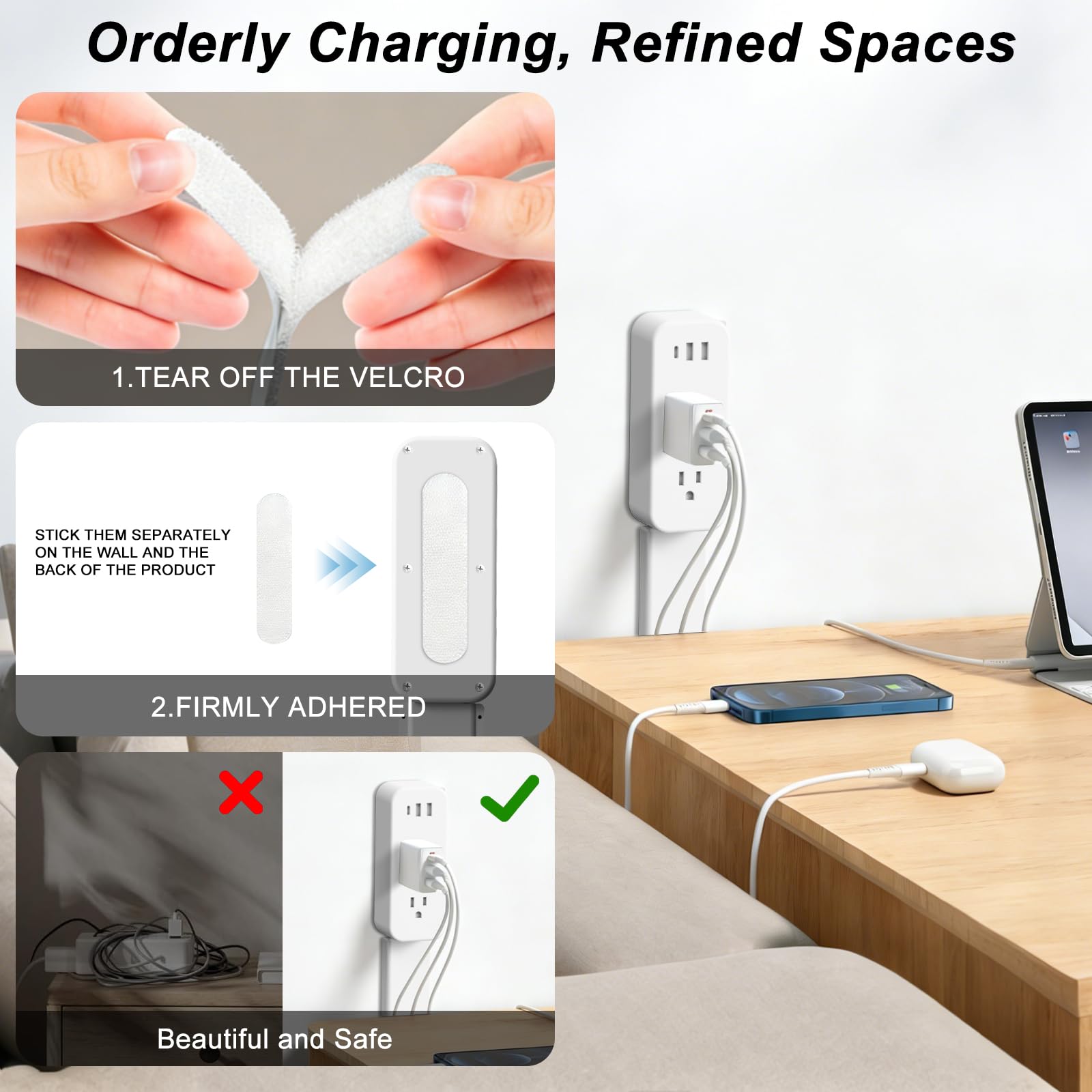 Varilla extensora de toma eléctrica: cuenta con USB-A, USB-C y 2 tomas de CA, se extiende de 22 a 34 pulgadas, gira 180° de acceso de difícil acceso, enchufes de pared expansor de enchufes de