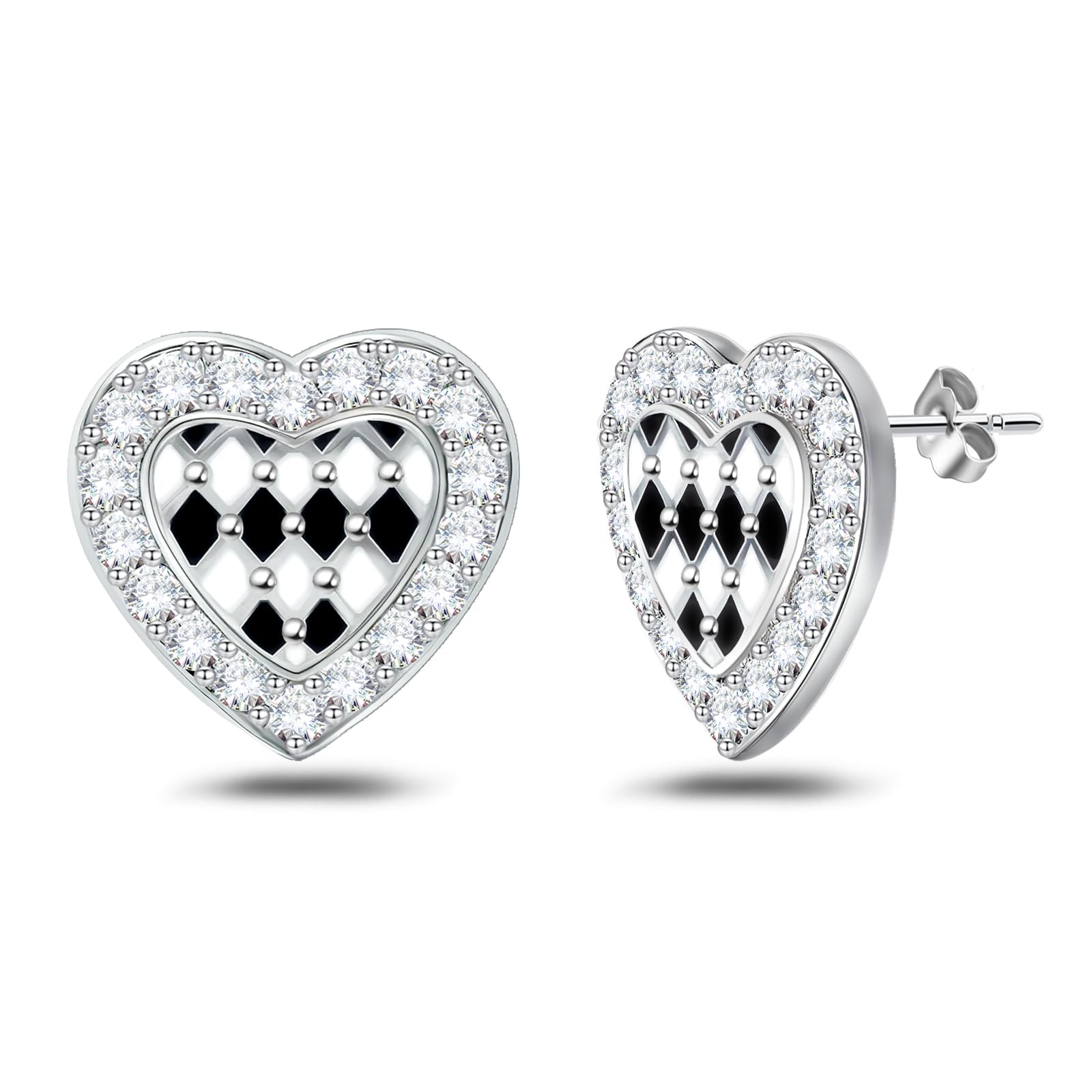 Sterling Silver Heart Stud Earrings for Women Cubic Zirconia Hypoallergenic Lightweight Checkerboard Heart Post Earring Fashion Gifts for Her Mom Wife