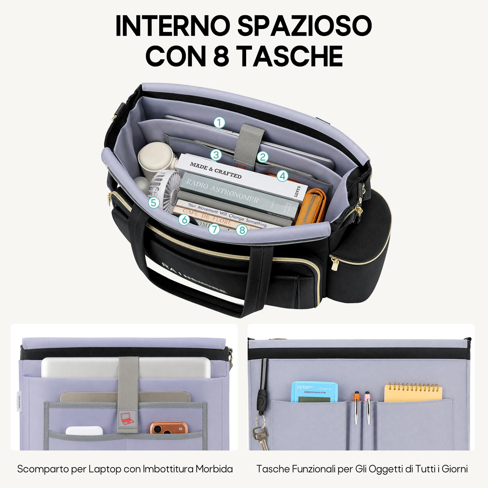 RAINSMORE Borsa da Lavoro Donna Porta PC 15.6 Pollici Grande Multitasche | Borsa Insegnante con Tasca Termica e Portaborraccia, Ideale per Scuola, Ufficio e Infermiere, Nero