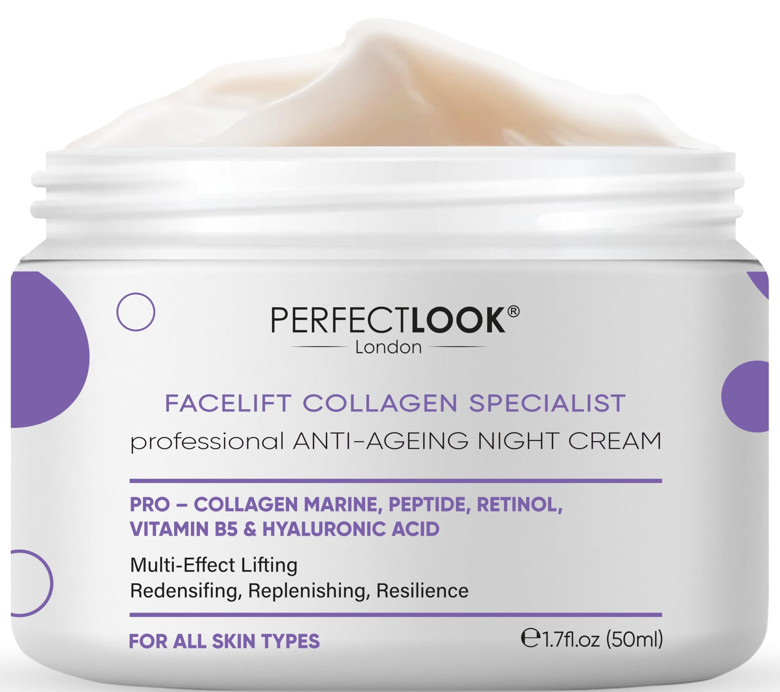 PERFECT LOOK LONDON Collagen Specialist, Night Face Cream with Collagen Marine, Peptide, Retinol, Hyaluronic Acid and Vitamin B5, Firm and Tone, Anti Wrinkle Cream 50ml