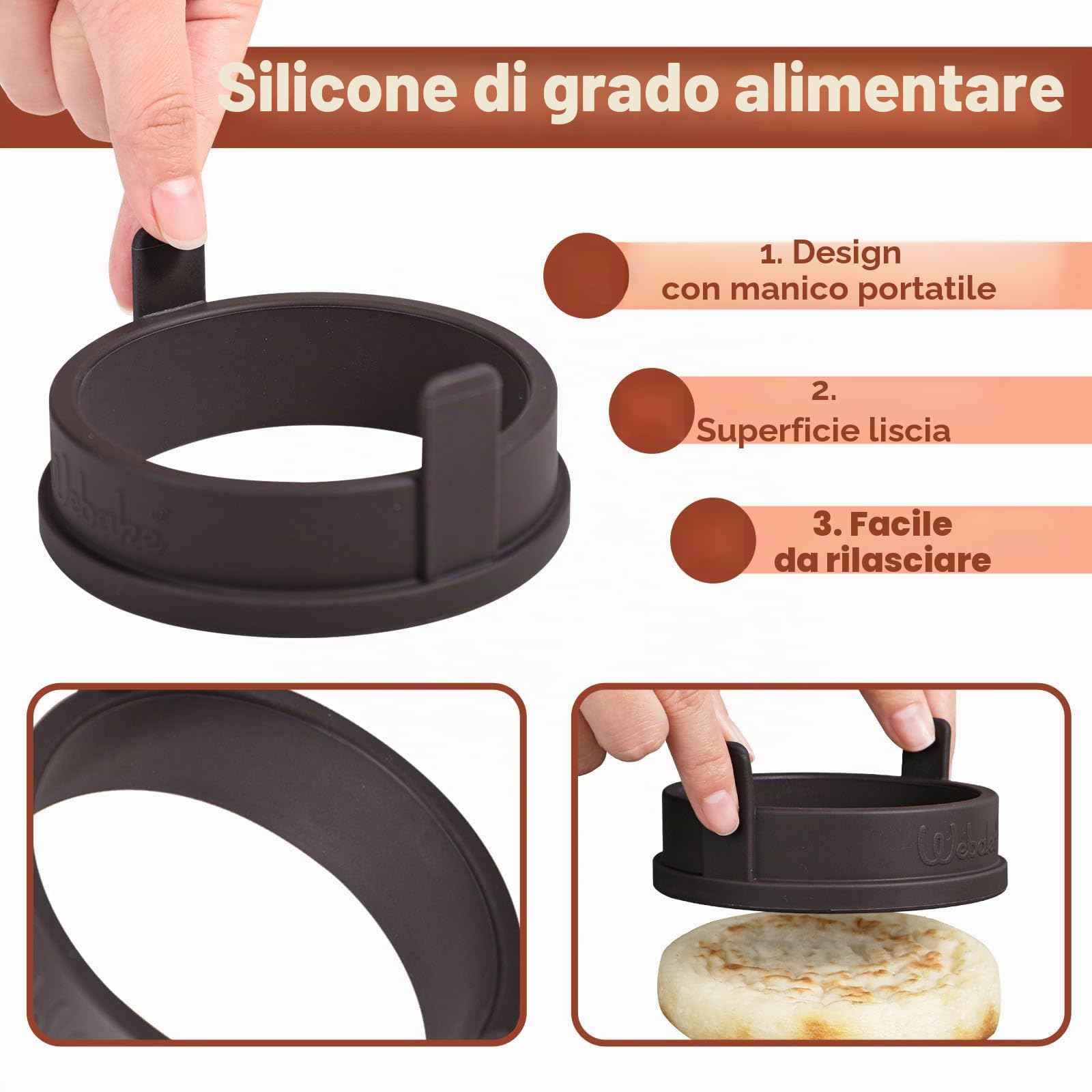 Webake Set di 4 stampi per pancake in silicone, 9 cm, per padelle, uova fritte, frittelle, frittelle