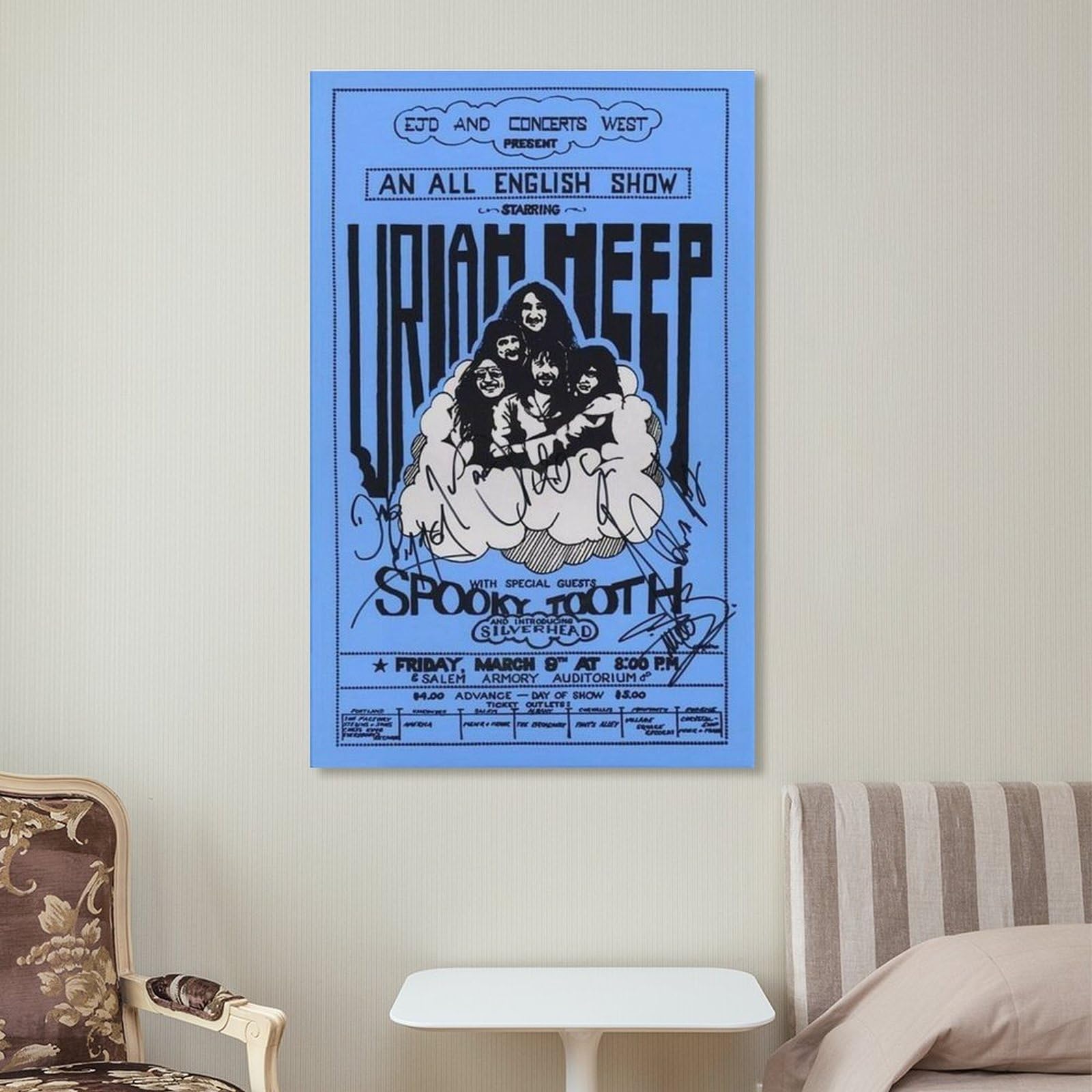 YADKGA Uriah Heep 1973 Salem ConcertFashion Poster decorativo su tela artistica da parete per soggiorno, camera da letto, soggiorno, poster illustrativo 60 x 90 cm