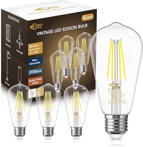DORESshop - Focos LED Edison Vintage de 6 W, equivalentes a 60 W, de filamento LED estilo antiguo, ST58, luz blanca cálida de 2700 K, 600 lm, base