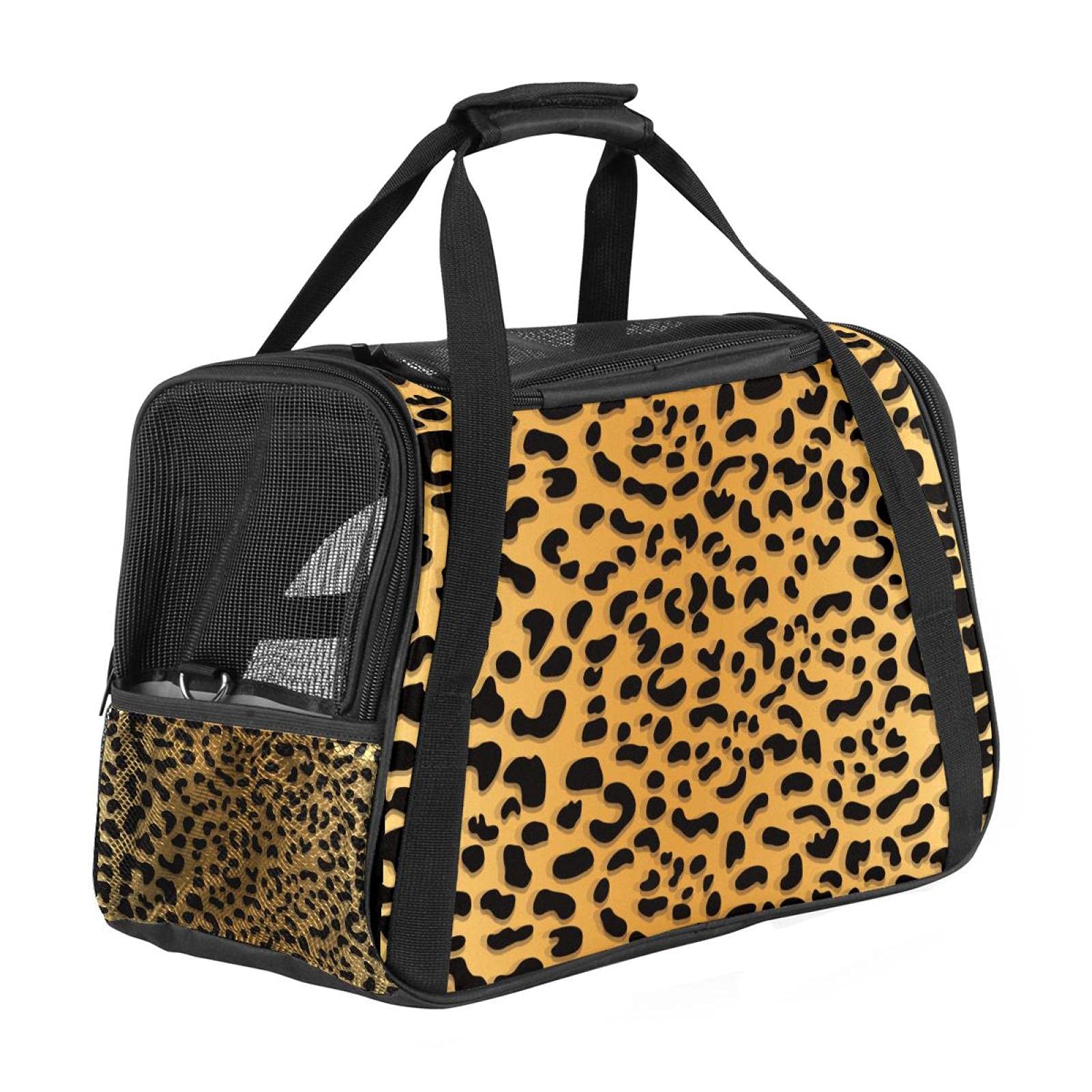 Transportín Perro Gato Estampado de Leopardo Bolsa de Transporte Plegable para Mascotas Transpirable Portador de Viaje para Perro y Gato 43x26x30 cm