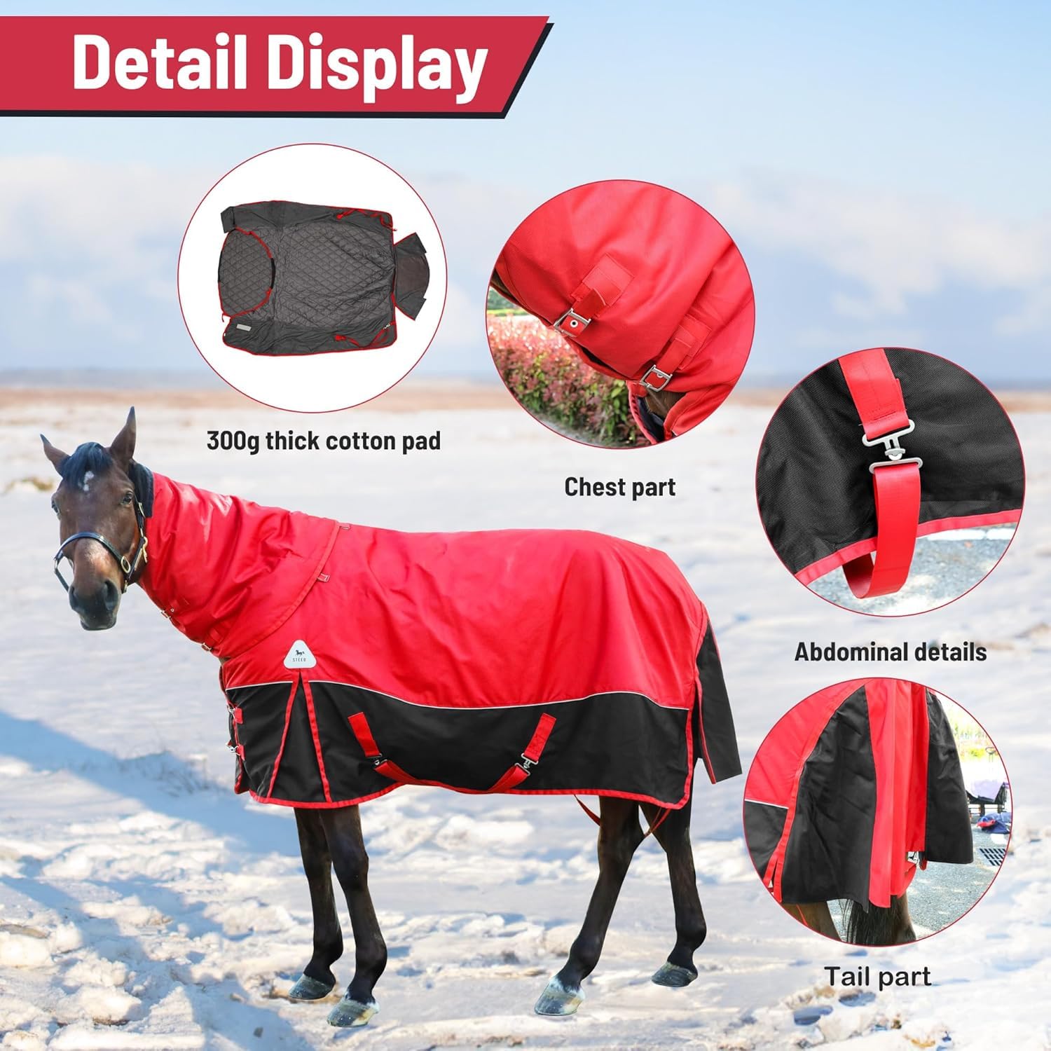 Coperta da Equitazione per Cavalli da 400 G, Coperta per Cavalli con Copricollo, Coperta per Cavalli Impermeabile 1200d, con Collo Staccabile, Esterno Spesso