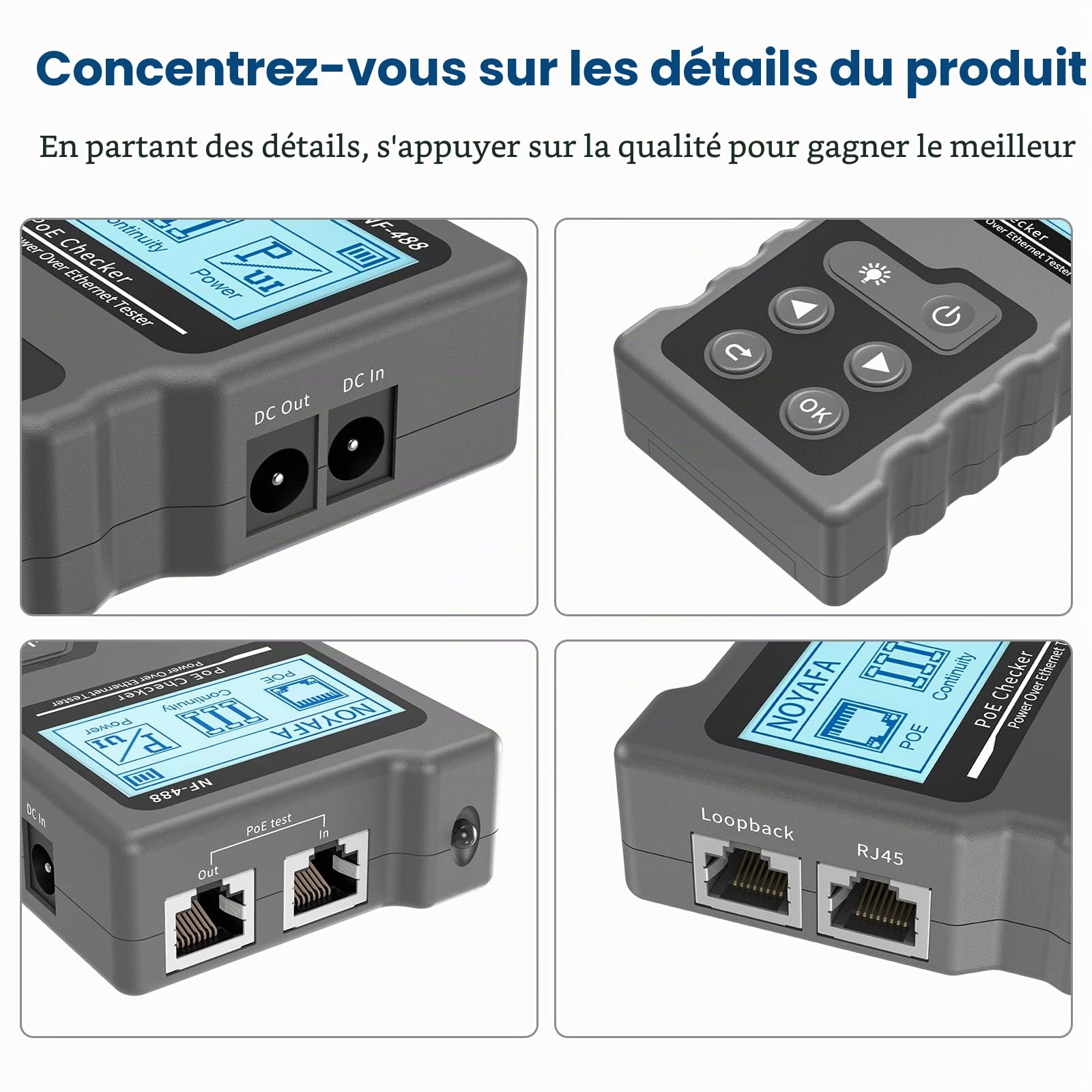 NF-488 Testeur de Réseau RJ45, Pour Vérifier L'état de Court-Circuit, Transversal & D'interruption des Câbles Réseau Cat5/Cat6, Test de Tension & de Courant，Testeur de Câble Réseau avec Fonction POE