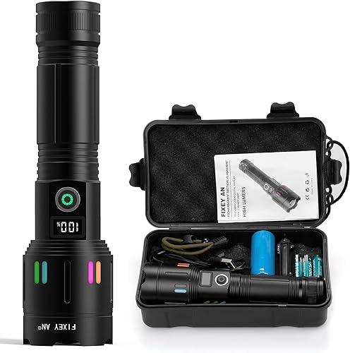 FIXEY AN Linterna recargable, LED de 120000 lúmenes, linterna táctica con zoom, 5 modos, indicador de encendido, IPX7 impermeable, linterna súper