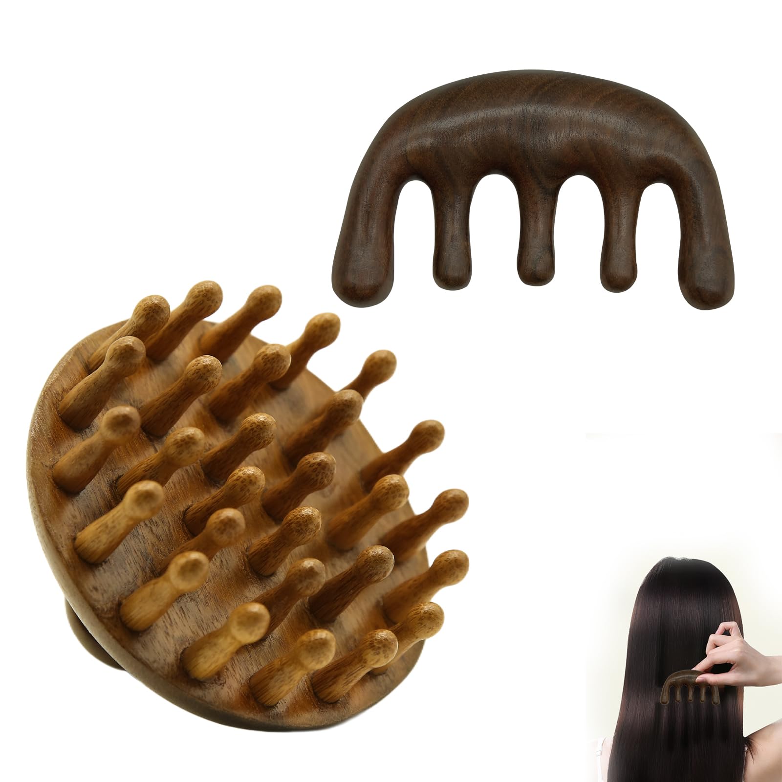 2 cepillos relajantes para el cuero cabelludo, masajeadores de cuero cabelludo de madera, peine de cinco dedos, peine redondo, herramienta de mano para el crecimiento del cabello, adecuado para
