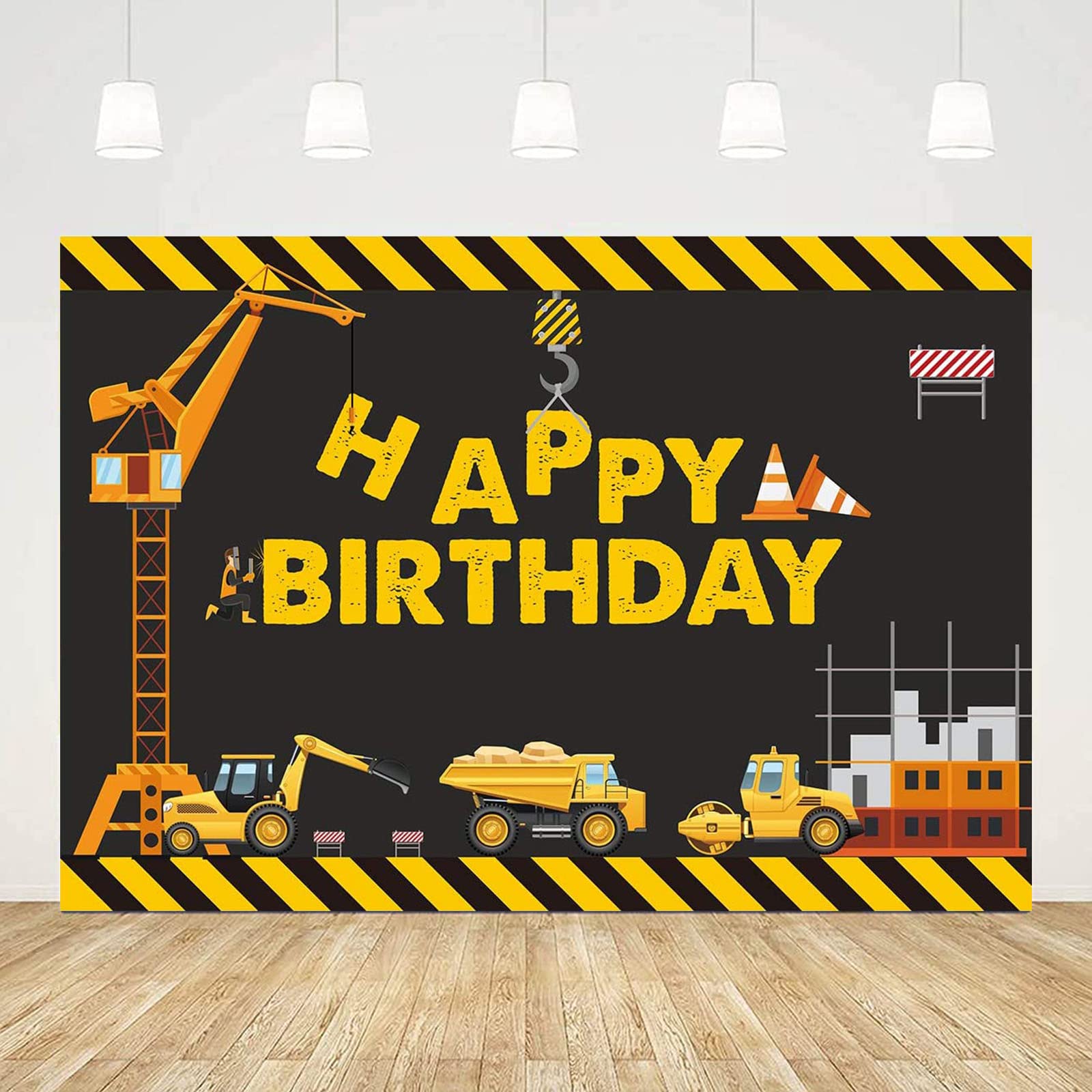 Sfondo Fotografico Compleanno Con Veicoli Di Emergenza 1,5x0,9 M - Blu Con Scritta Happy Birthday E Allarme