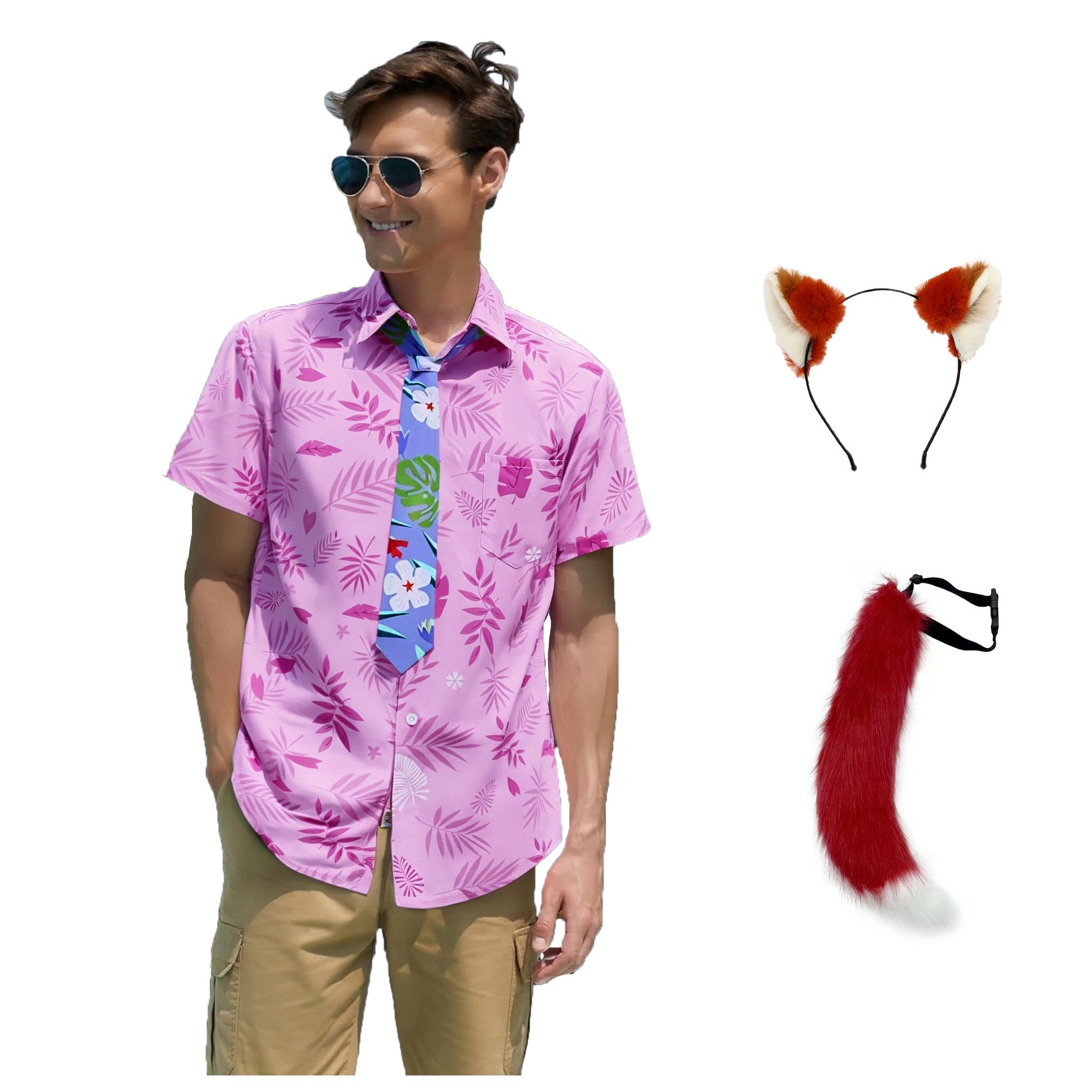 Men Nick Wilde Costume Shirt Tie Plush Ear Tail Hawaiian Printed T-Shirt Halloween Carnival Events Fox Outfit Pink M