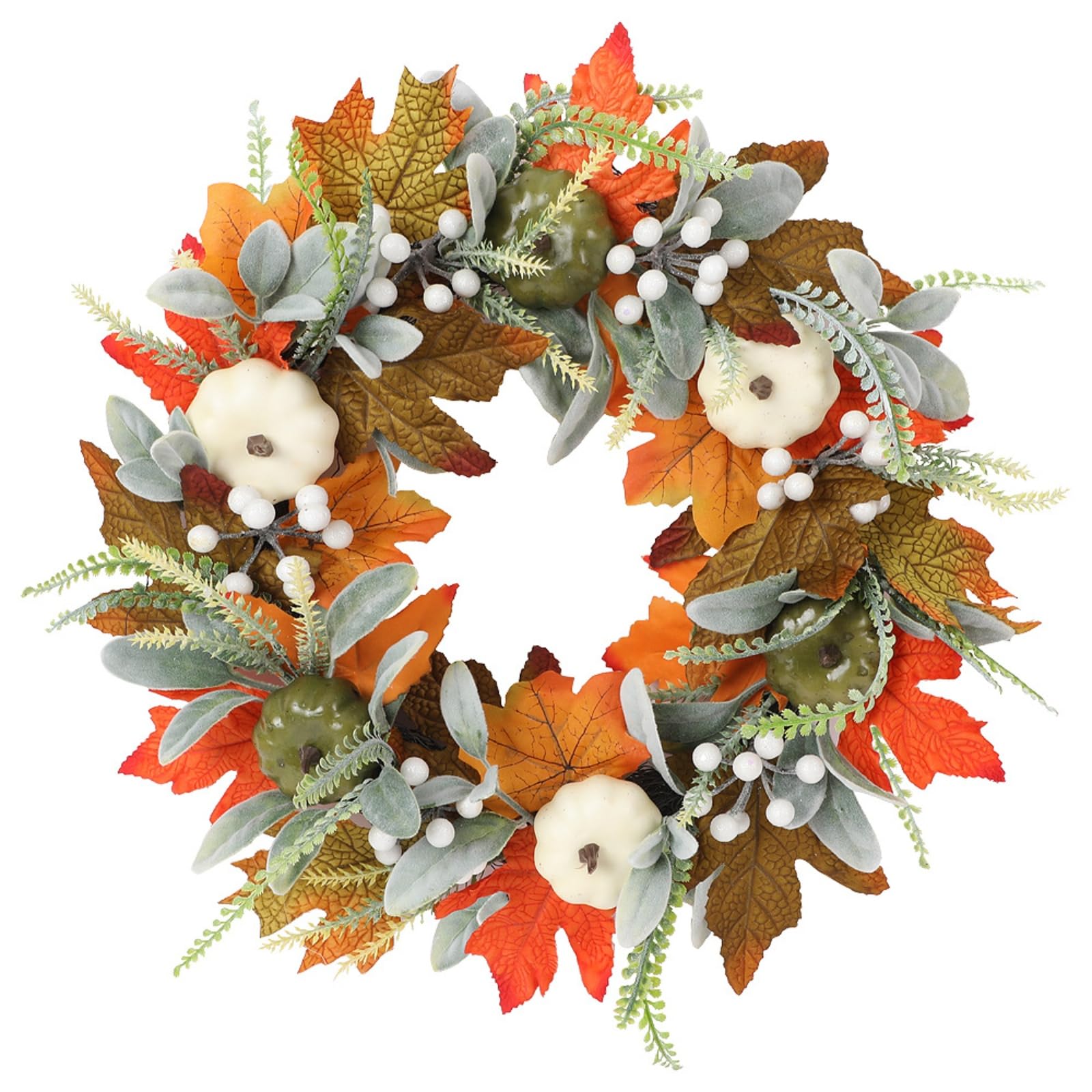 45cm Artificial Autumn Wreath with Pumpkins & Maple Leaves, Faux Fall Harvest Floral Garland for Front Door Wall Farmhouse Thanksgiving Halloween Decor (45cm,Brown)