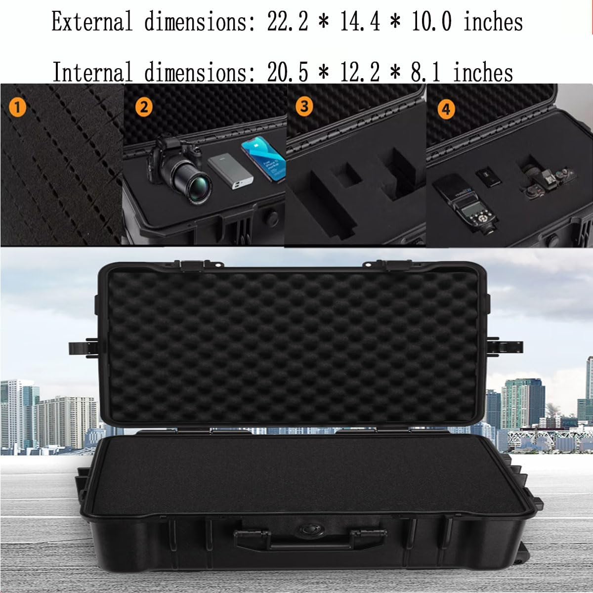 22" L x 14" W x 10" H Large Hard Case with Foam, Portable Rolling Hard Case with Wheels, Waterproof Shockproof Dustproof, Suitable for Cameras, Lenses, Camcorder, Instrument, Telescopes - Image 4