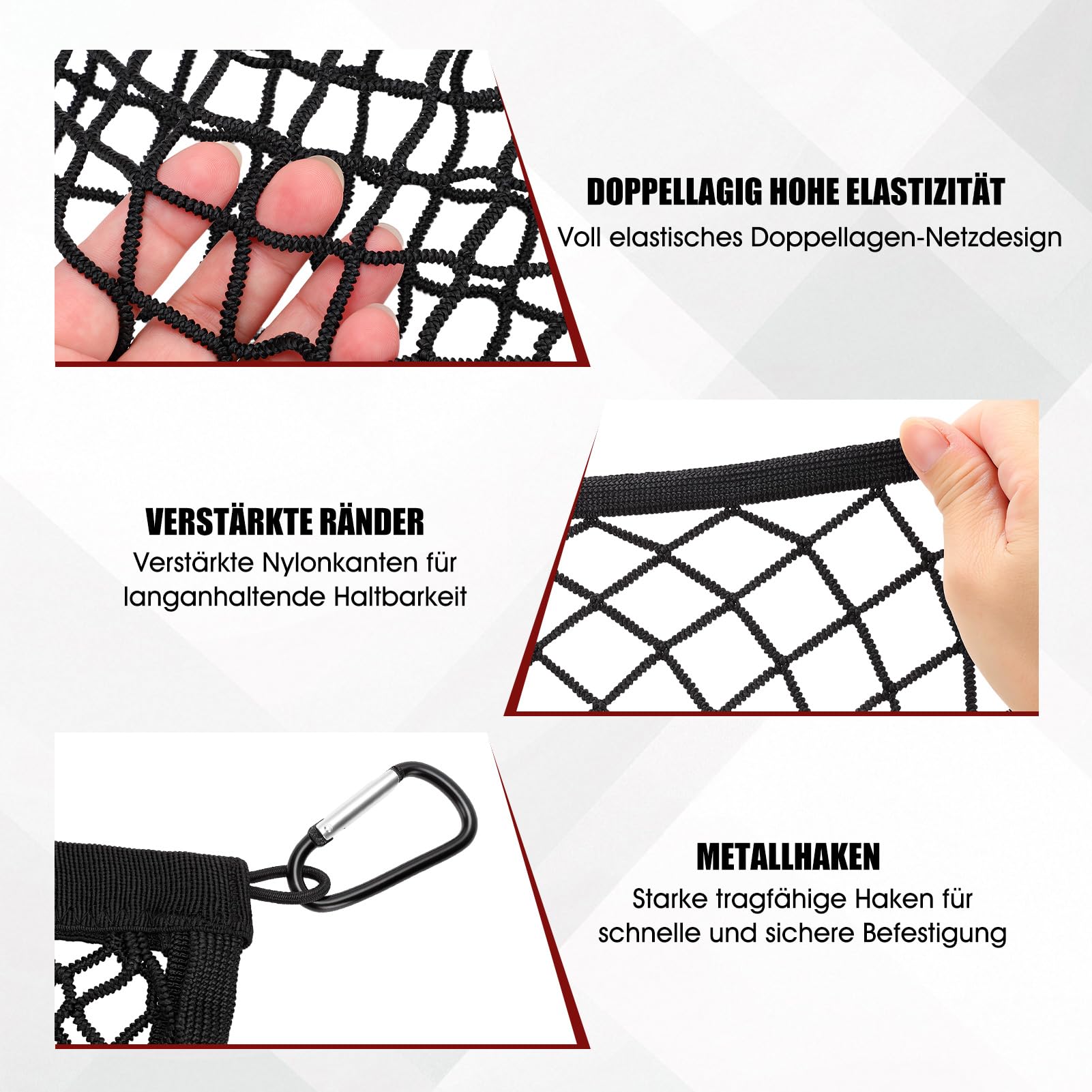 Ladungssicherungsnetz Hochelastisches Gepäcknetz LKW Pritschen Netz Doppel Lage Anti Rutsch Cargo Netz für Pickup SUV Van Offroad Transport ohne Verzurren 120x120 bis 210x210 cm 6 Metallhaken