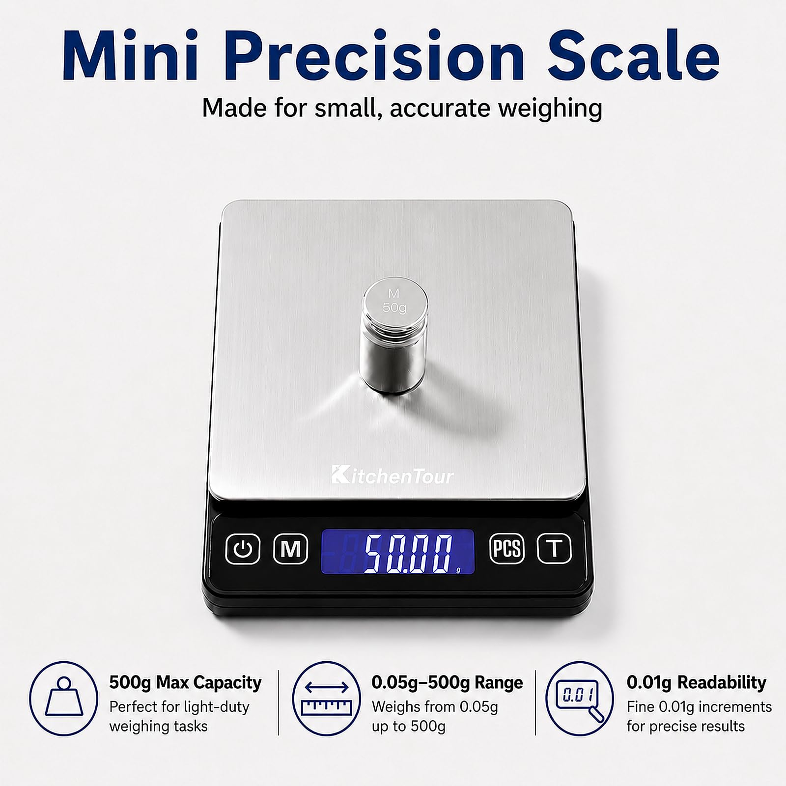 KitchenTour Mini Gram Scale for Coffee, Jewelry and Small Items, 500g x 0.01g Digital Pocket Scale with Tare, 6 Units, Back-Lit LCD, 2 Trays, Black — Amazon image 2