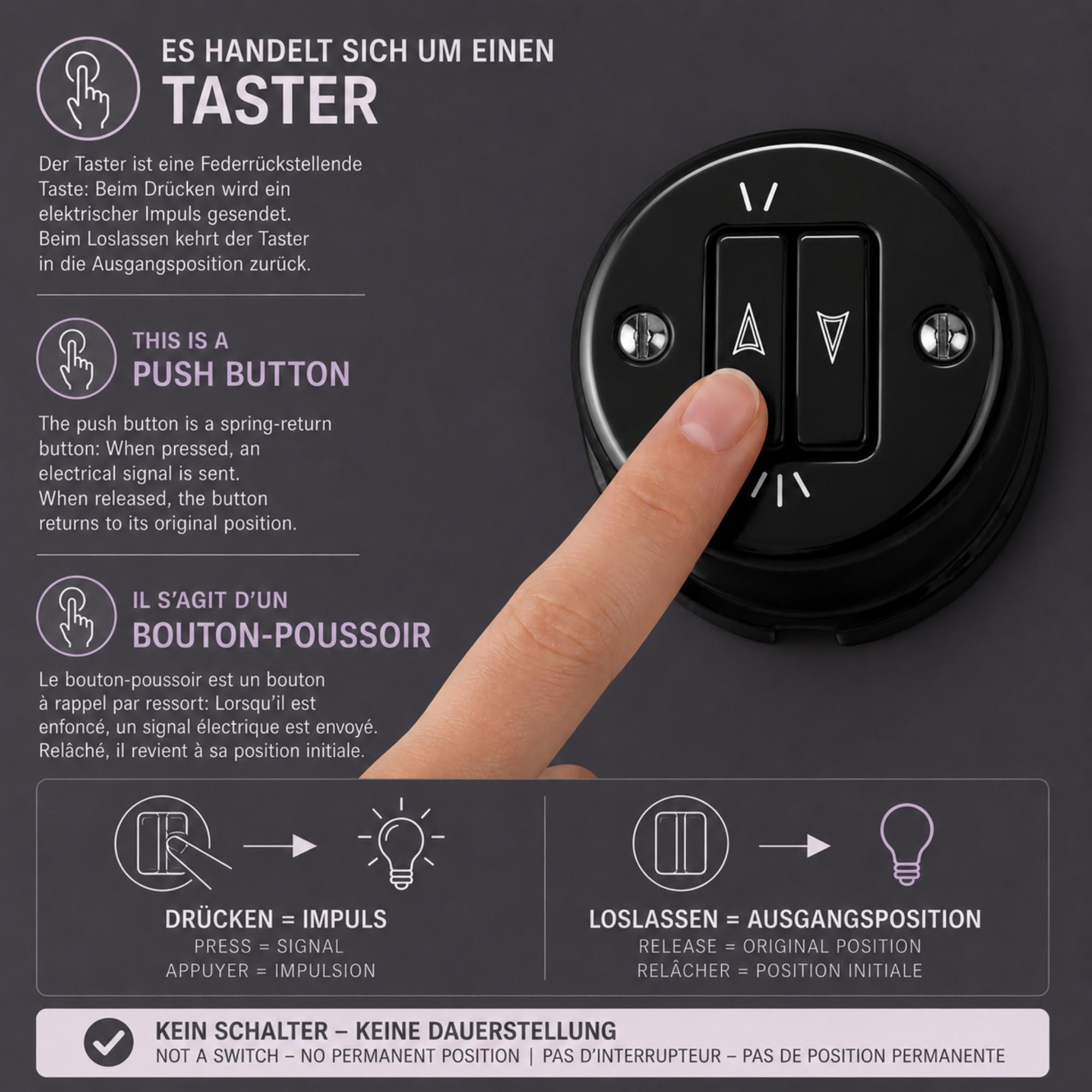 Aufputz Porzellan Retro Doppeltaster, Jalousietaster, All-in-One, Serie QR1 schwarz