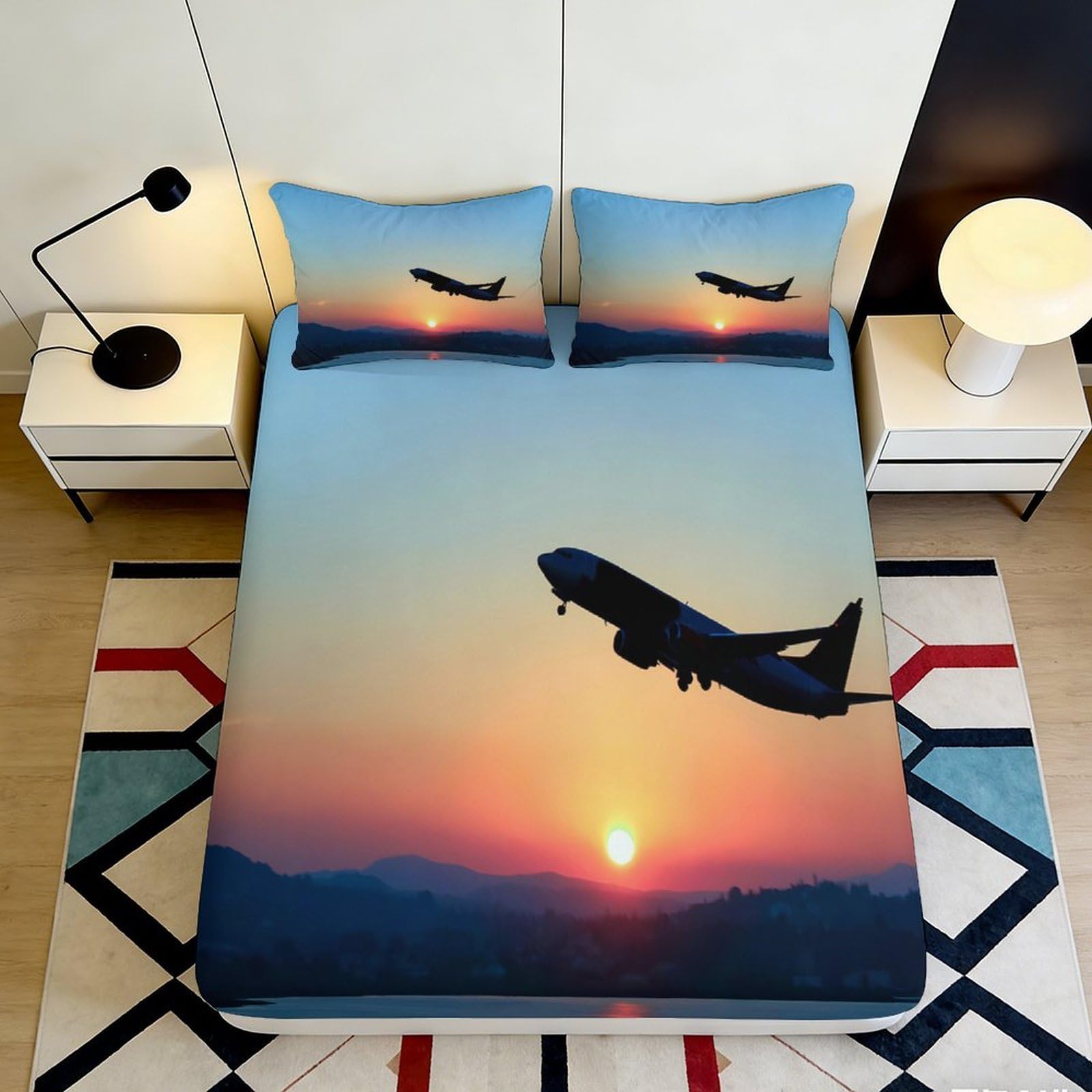 3D Printed Airplane Sunset Fitted Sheet Microfiber Soft Breathable Evening Sky Mattress Cover for Bedroom Dormitory Guest Room Protection Decoration 120x200x25cm