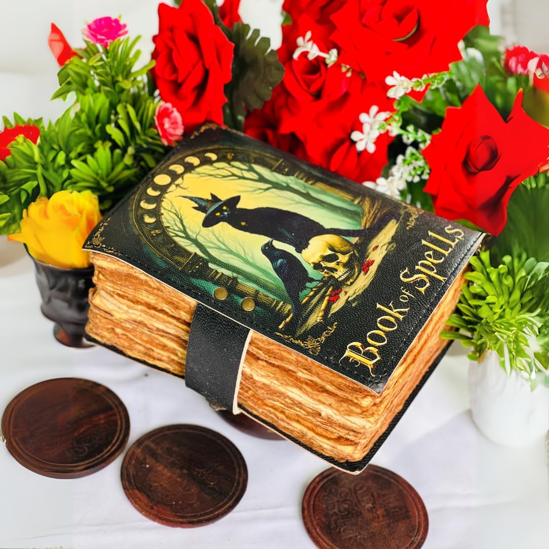 Book of Spells Goth Raven Cat Skull Leather Journal for Men & Women 400 pages With Lock, Witchcraft Supplies Books Witchy gifts for women black Grimoire Journal Spell Book For Halloween Bird dairy Cat