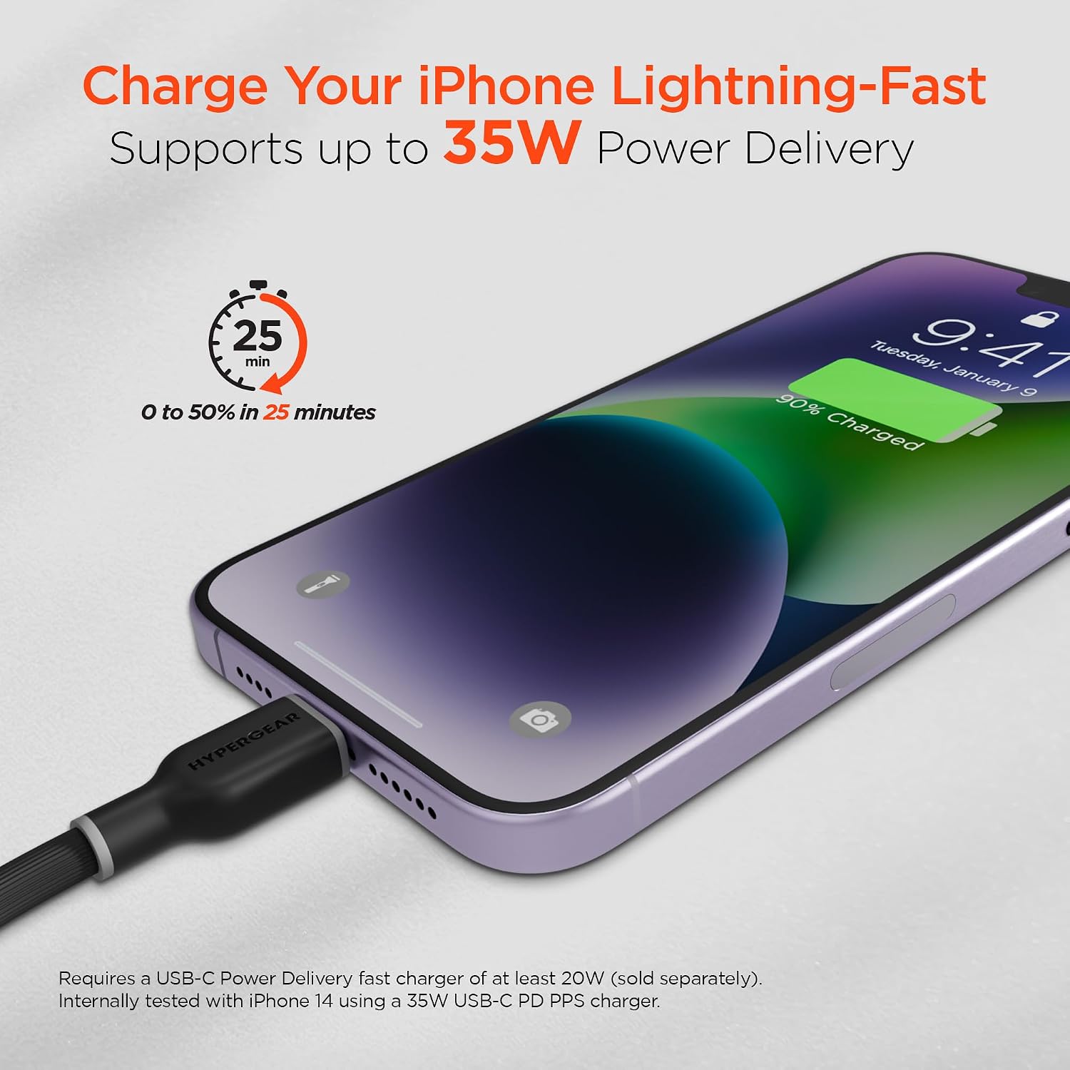 HyperGear iPhone USB-C to Lightning Charging Cable 10ft - MFi Certified 35W PD Fast Charger Cord for iPhones iPads & More [Durable for Daily Use & Travel] (Black)
