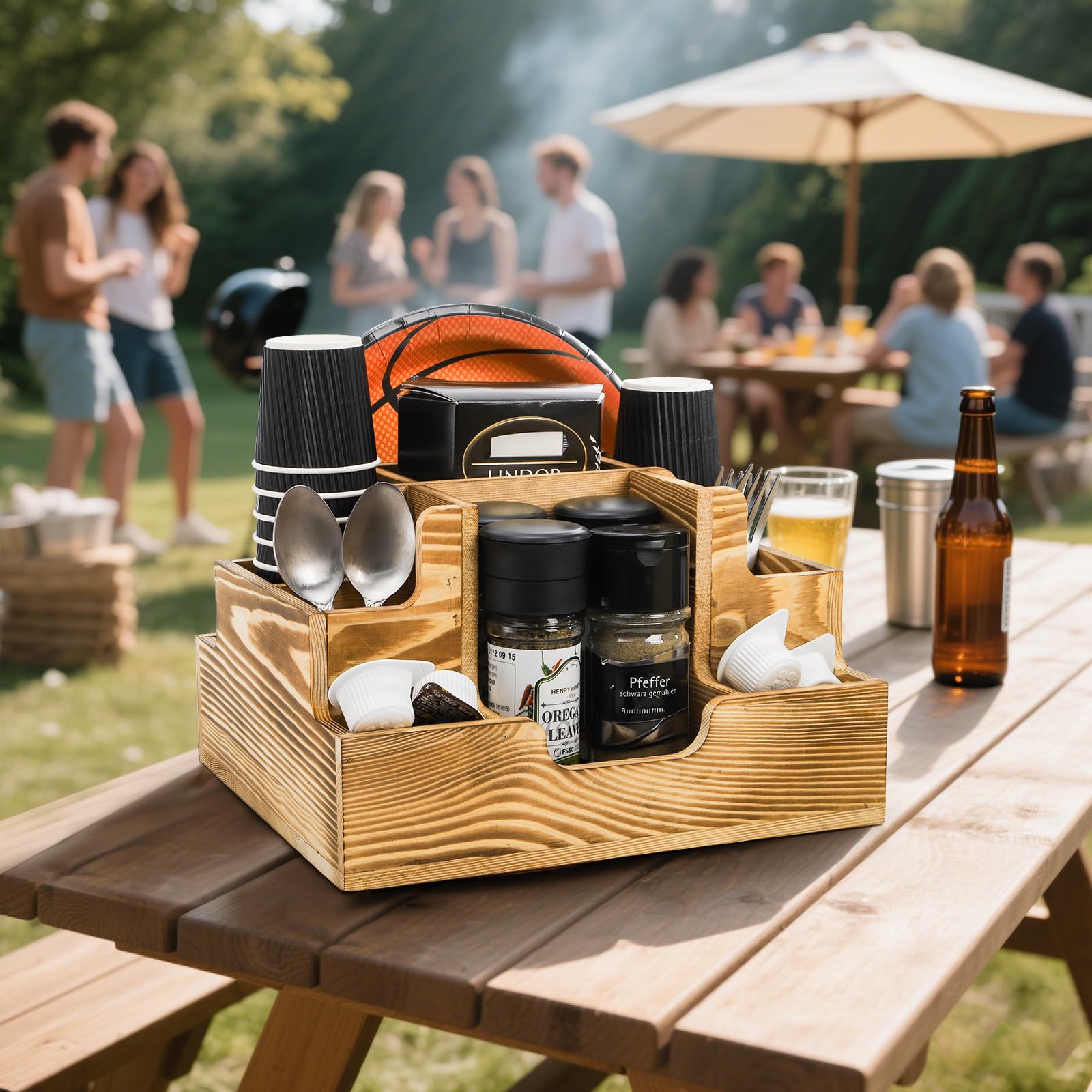ZAVOOS Organizador de cubiertos para fiestas, soporte de utensilios de madera con 9 compartimentos para encimera de cocina, cubiertos de almacenamiento, organizador de platos de papel, servilleteros