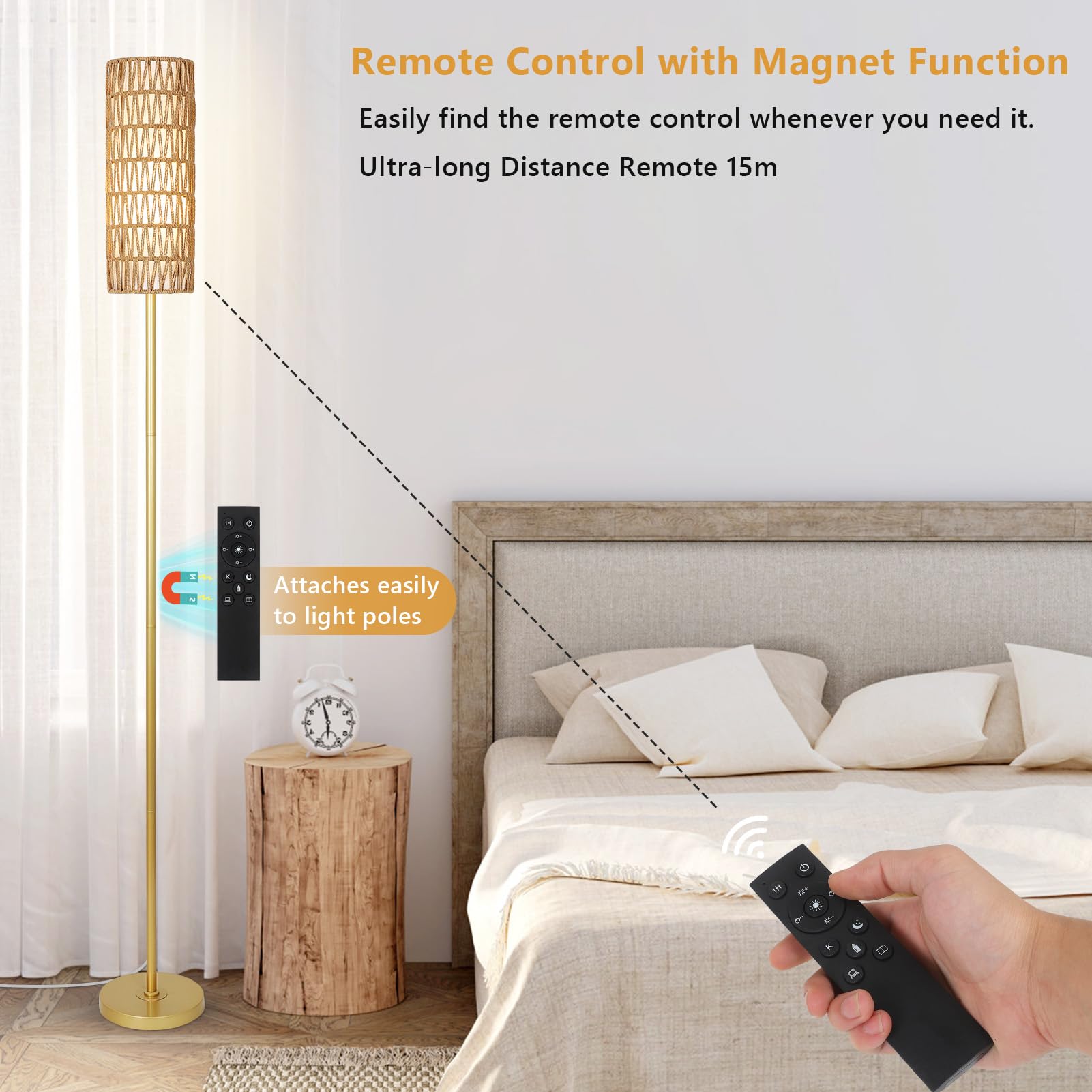 Rayofly Doré Lampadaire Réglable et Télécommandé, Contrôle par App, en Rotin avec Abat-jour en Rotin & Lin, Moderne pour Salon, Chambre, Bureau (Ampoule Incluse)